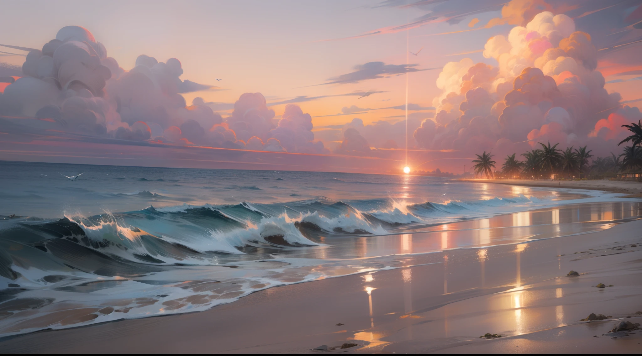 An absolutely mesmerizing sunset on the beach with a mix of orange, pink and yellow in the sky. The water is crystal clear, gently kissing the shore, and the white sand beach stretches as far as the eye can see. The scene is dynamic and breathtaking, with seagulls soaring high in the sky and palm trees gently swaying. Soak up the calm atmosphere and let the tranquility envelope.
