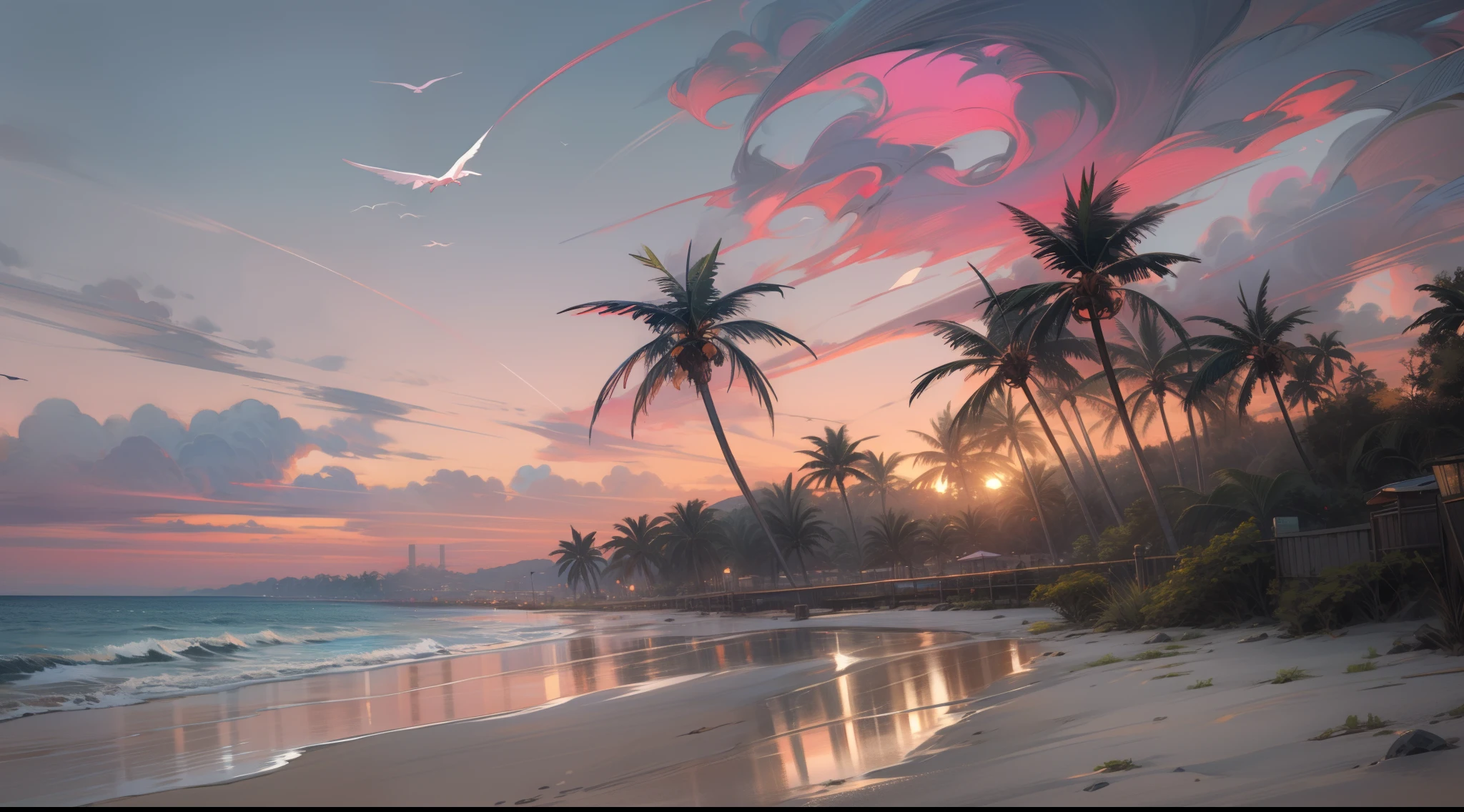 An absolutely mesmerizing sunset on the beach with a mix of orange, pink and yellow in the sky. The water is crystal clear, gently kissing the shore, and the white sand beach stretches as far as the eye can see. The scene is dynamic and breathtaking, with seagulls soaring high in the sky and palm trees gently swaying. Soak up the calm atmosphere and let the tranquility envelope.