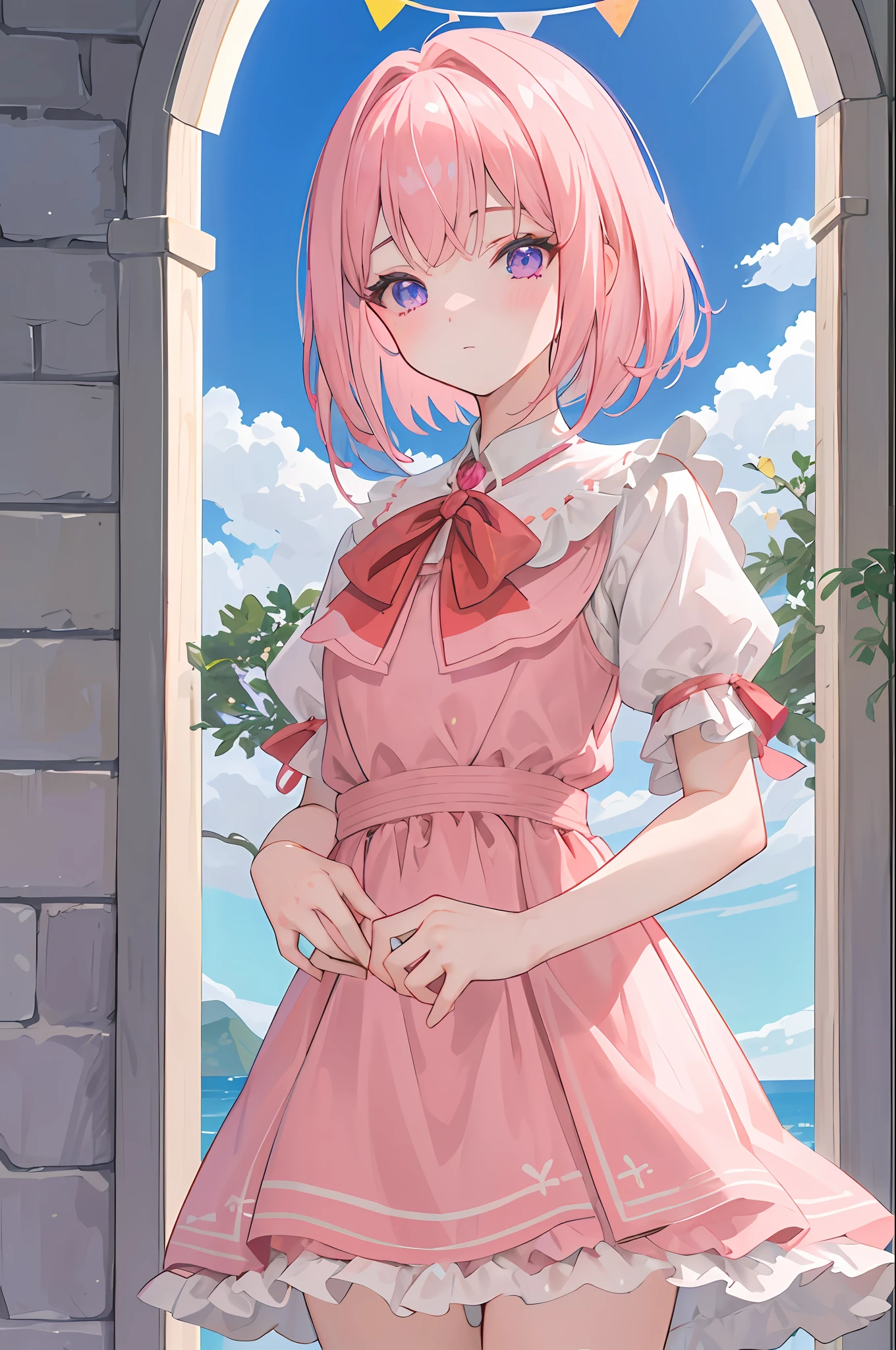 (Obra maestra:1.6, La mejor calidad), , vestido, gargantilla, (((cabello corto y rosa)))),pelo corto, vestido de novia, vestido blanco, 1girl, manga corta, mangas cortas hinchadas, cam, purple eyes, Guantes rosas, gargantilla rosa, pelo entre los ojos, arco, fondo borroso, 鎖骨, ojos azules, guantes de codo, flequillo, solamente, Lazo rosa, red bow, jewely
, color anime,"(acostada en la cama)" is in your room 3 mujeres