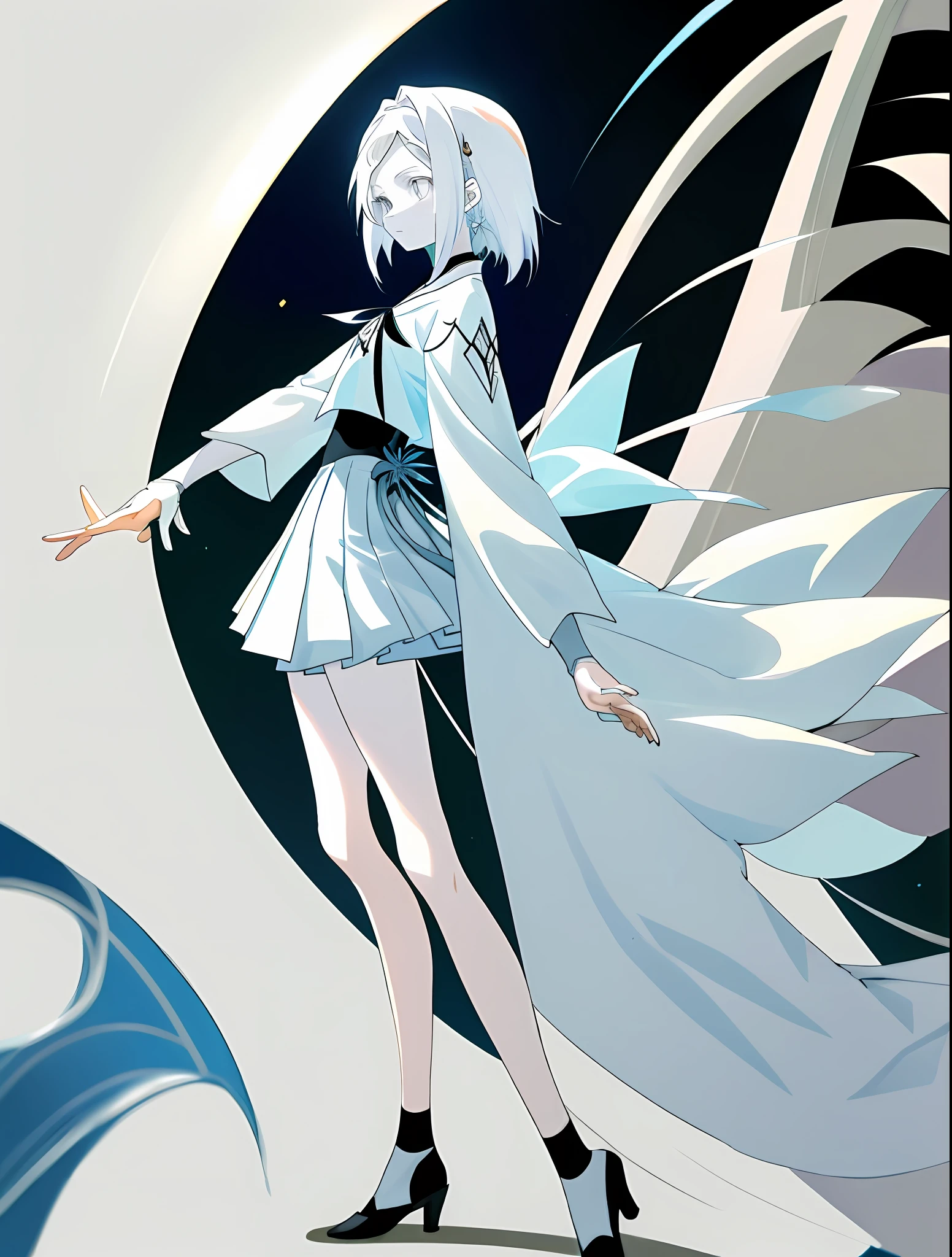 tmasterpiece，seminude，Beautiful light，Absolutely beautiful girl，white color hair，effeminate，petite，White skin，Anime style，quadratic element，White slim skirt，Bare legs