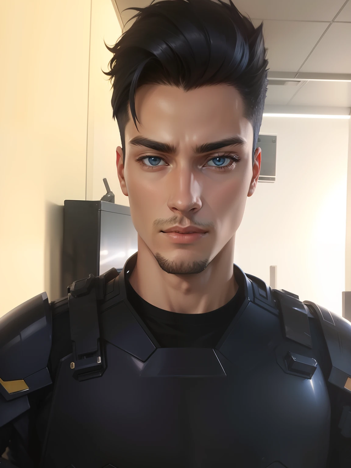 25-year-old wearing a navy blue male battle suit glued to the futuristic body and with chrome detail on the breastplate from one shoulder to the other in anime version