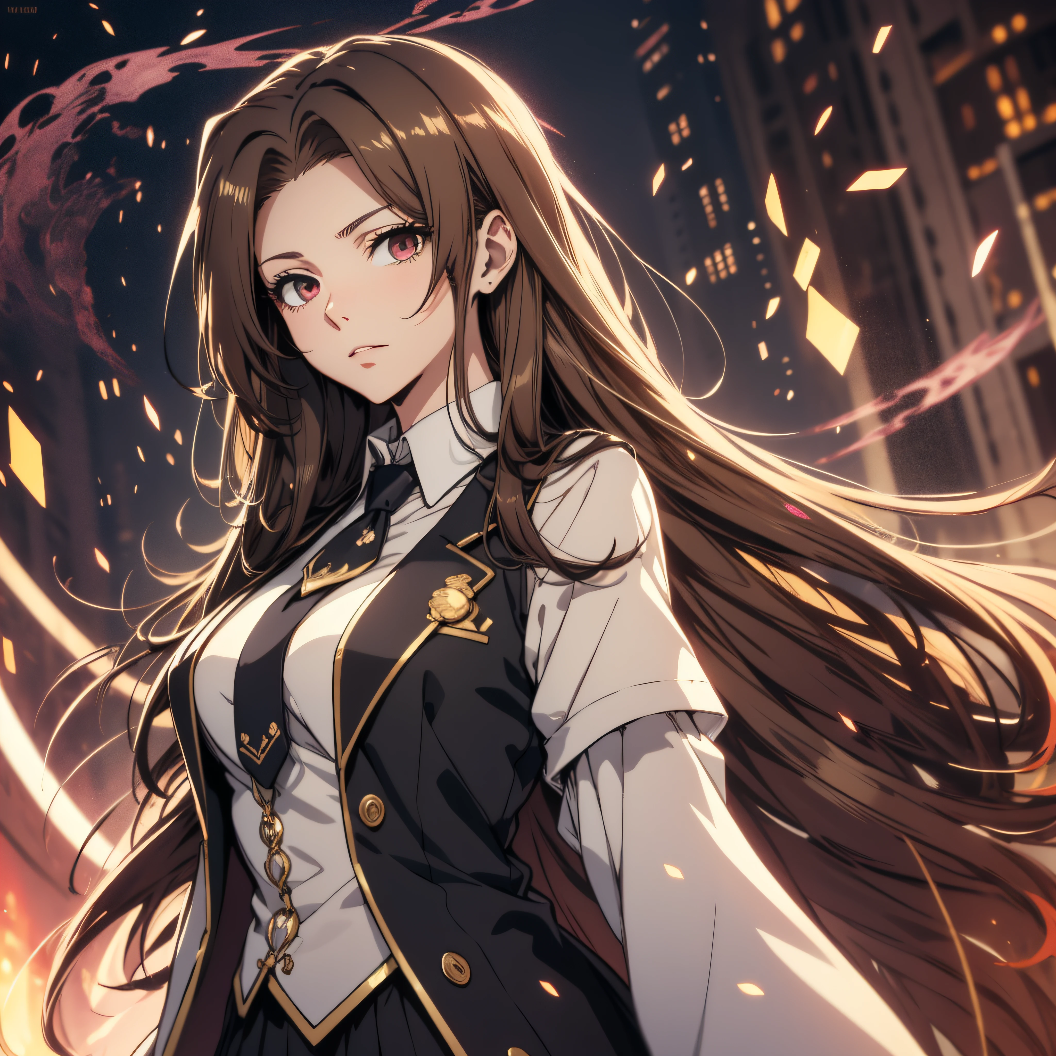 (ultra-detailed, perfect pixel, highrest, best quality), 1girl, single, solo, 20 years old Anime girl, smooth anime artstyle, long raven hair, slightly wavy hair, parted bangs, brown hair, gradient hair color, Magus, red eyes, detailed eyes, beautiful eyes, long black coat, white shirt, ((neckwear, long tie)), black skirt, aristocrat, noble attire, beautiful, ethereal, elegant, prestigious, indoor, royal, kingdom, particle effect, smooth smoke effect, magic light, standing, looking at viewer