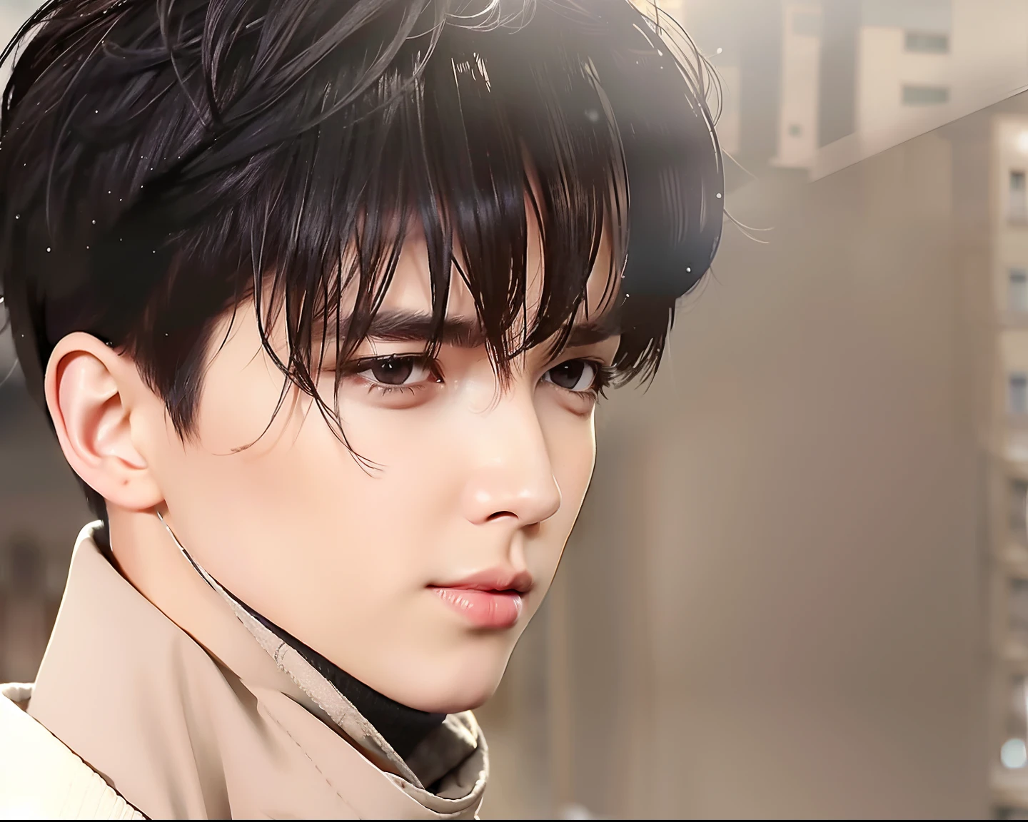 best quality, masterpiece, (photorealistic:1.4), 1boy, solo, short hair, big eyes, black coat,scarf, jeans, full body, dramatic lighting, cowboy shot, looking at viewer, standing, outdoors, snow, cityscape, streets, buildings,
