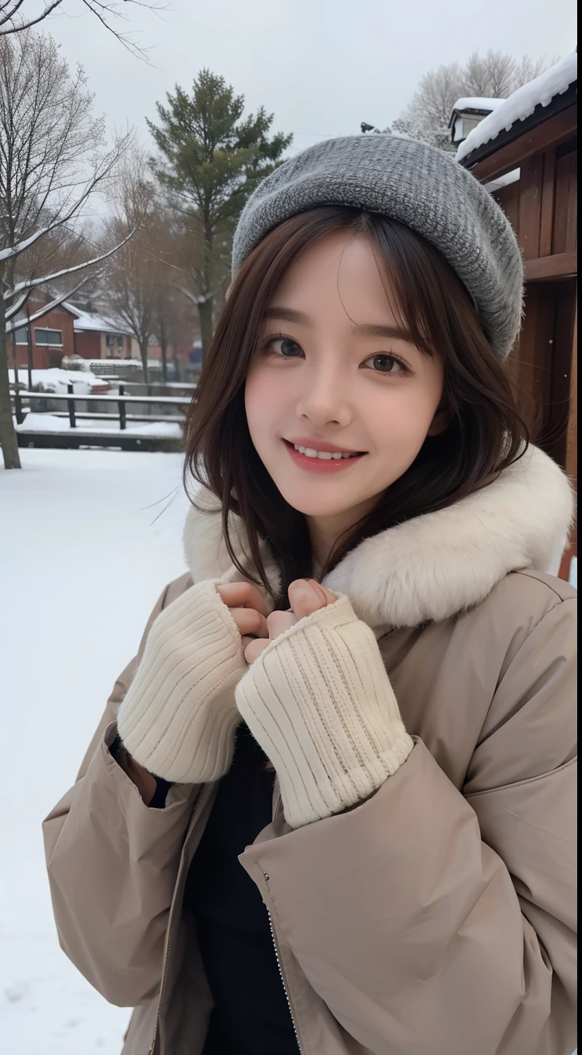 ((top-quality,8K,tmasterpiece:1.3)),cute women,1个Giant Breast Girl,,dark brown hair,down jacket,Super detailed face,Detailed lips,Detailed eyes,二重まぶた,(:1.2)in snow,Underwear snow,grin,wearing a cute hat,围巾,mitts