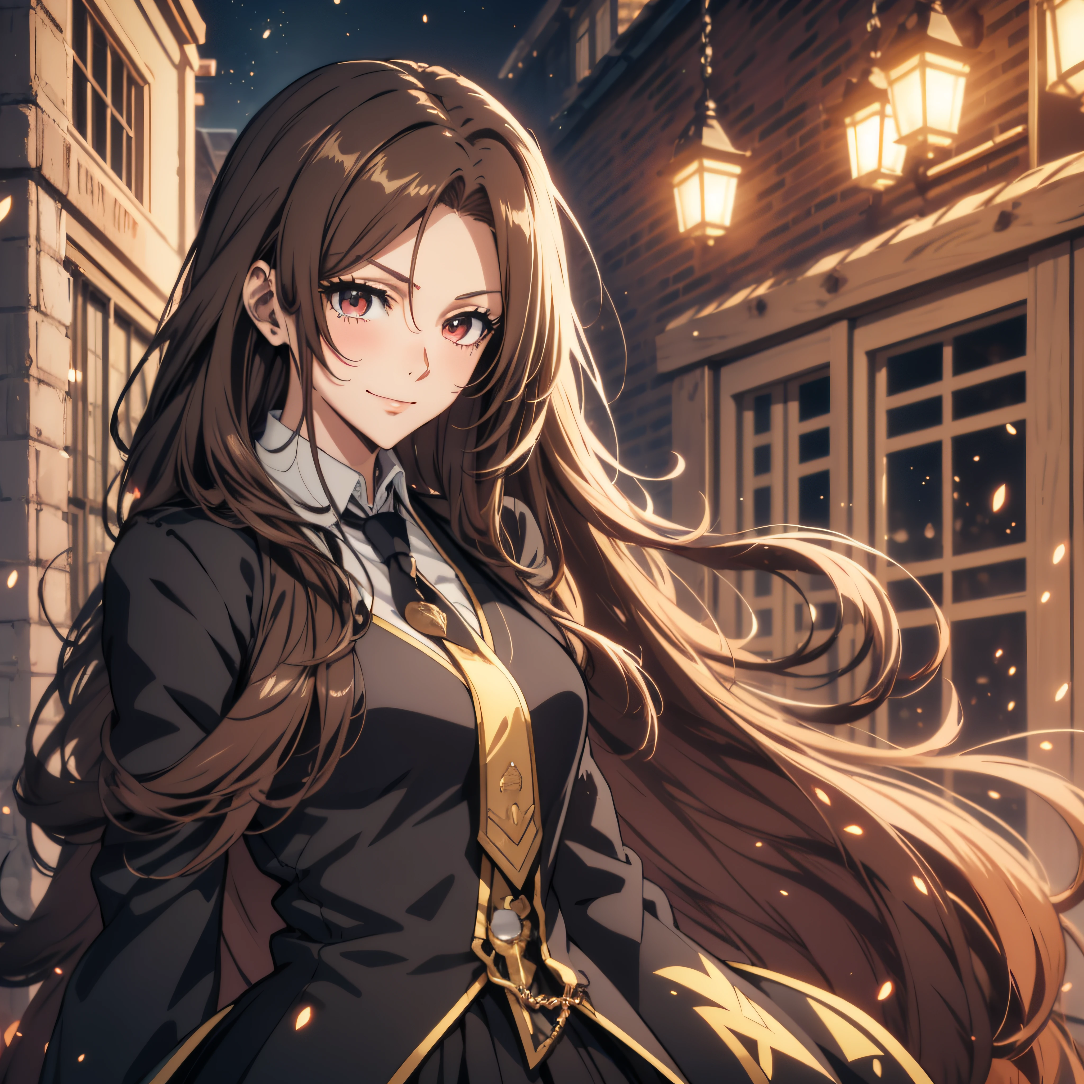 (ultra-detailed, perfect pixel, highrest, best quality), 1girl, single, solo, 20 years old Anime girl, smooth anime artstyle, long raven hair, slightly wavy hair, parted bangs, brown hair, gradient hair color, Magus, red eyes, detailed eyes, beautiful eyes, long black coat, white shirt, ((neckwear, long tie)), black skirt, aristocrat, noble attire, beautiful, ethereal, elegant, prestigious, indoor, royal, kingdom, particle effect, smooth smoke effect, magic light, standing, looking at viewer, (beautiful smile), blushing