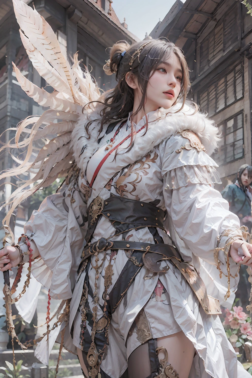 doulikui, feather, 1girl,  big_breasts, (armor:1.2),realistic, masterpiece, best quality, 8k, photorealistic,  white_linen_clothes, furry cloak,     outdoors,