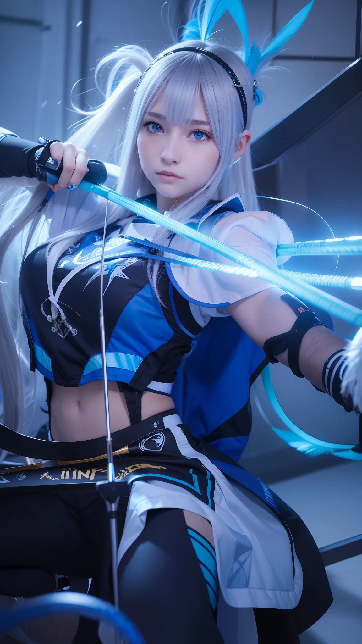 1 girl, long hair, silver hair, feather headband, archery, blue archery wear, both leg are hiding, realistic, ultra details, ultra high res, 8k, normal hand, normal fingers,