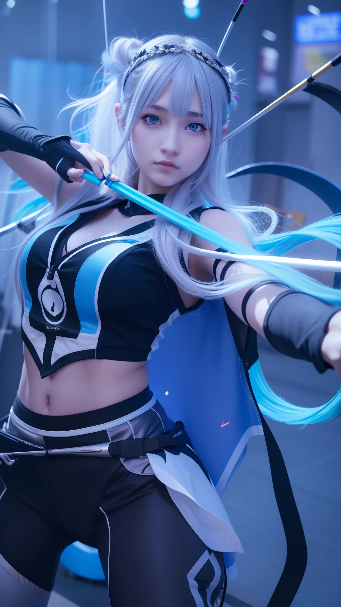 1 girl, long hair, silver hair, feather headband, archery, blue archery wear, both leg are hiding, realistic, ultra details, ultra high res, 8k, normal hand, normal fingers,