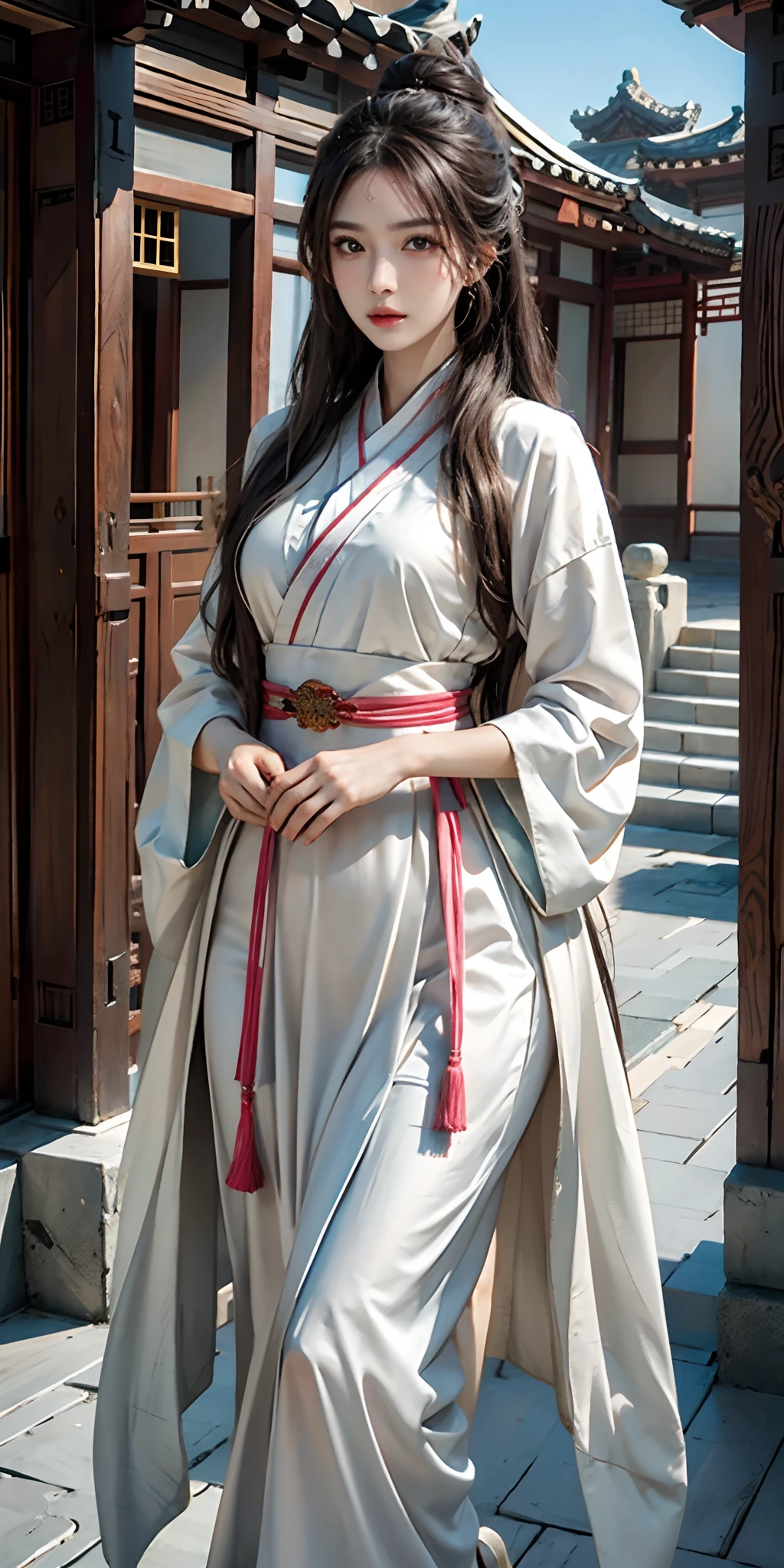 photorealistic, high resolution, soft light,1women, solo, hips up, look at viewer, (detailed face), long hair, Beautiful girl, hanfu, east asian architecture,sheath,architecture, tattoo, jewelry