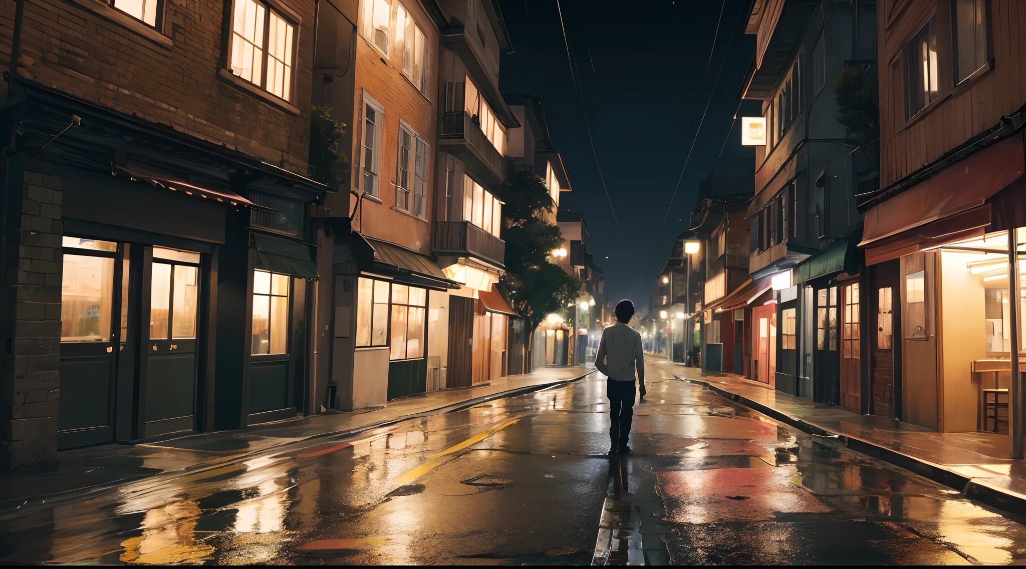 Realistic photography It's raining Night It's dark The house is shining brightly A person has just left work Tired Open the door The jungle on both sides of the road Quiet Lonely