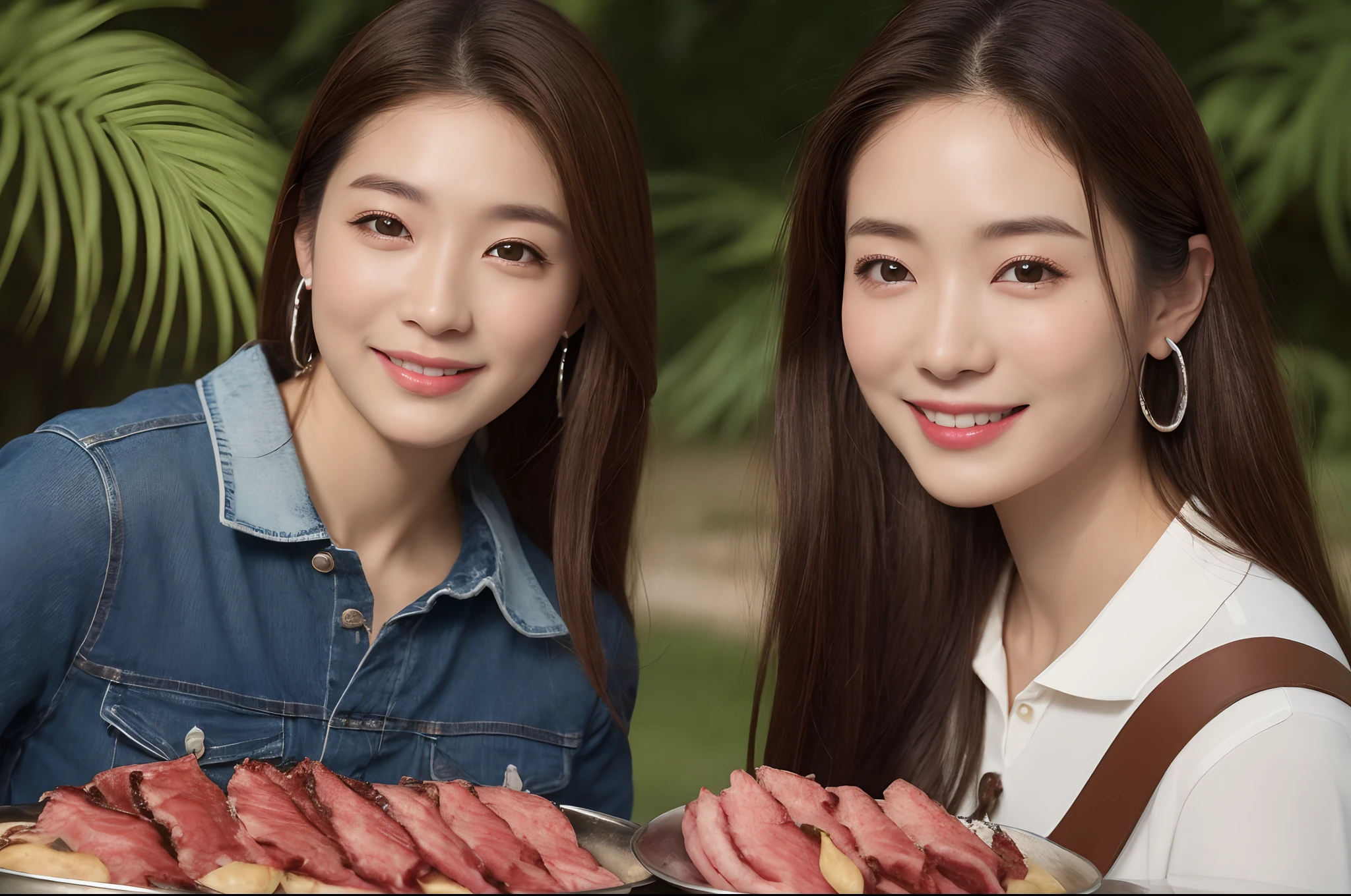 ((Realistic lighting、top-quality、8K、​masterpiece:1.3))、Clear focus:1.2、1girl in、独奏、Perfect figure:1.4、((dark brown  hair))、(White polo shirt:1.1、denim)、(BBQ:1.3、Eat yakiniku:1.1)、(the beach:1.1、Daytime)、Super fine face、A detailed eye、Narrow-eyed、二重まぶた、A smile、Reddish cheeks、Silver earrings、Silver Necklace、BBQ