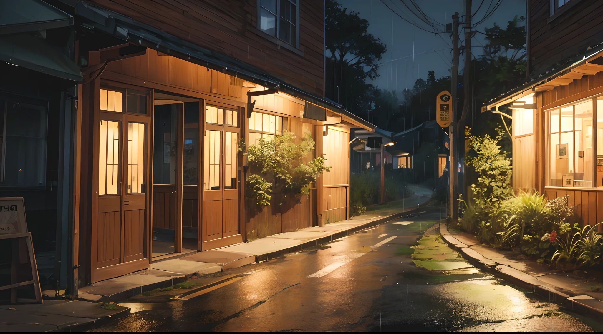 Realistic photography It's raining Night It's dark The house is shining brightly A person has just left work Tired Open the door The jungle on both sides of the road Quiet Lonely