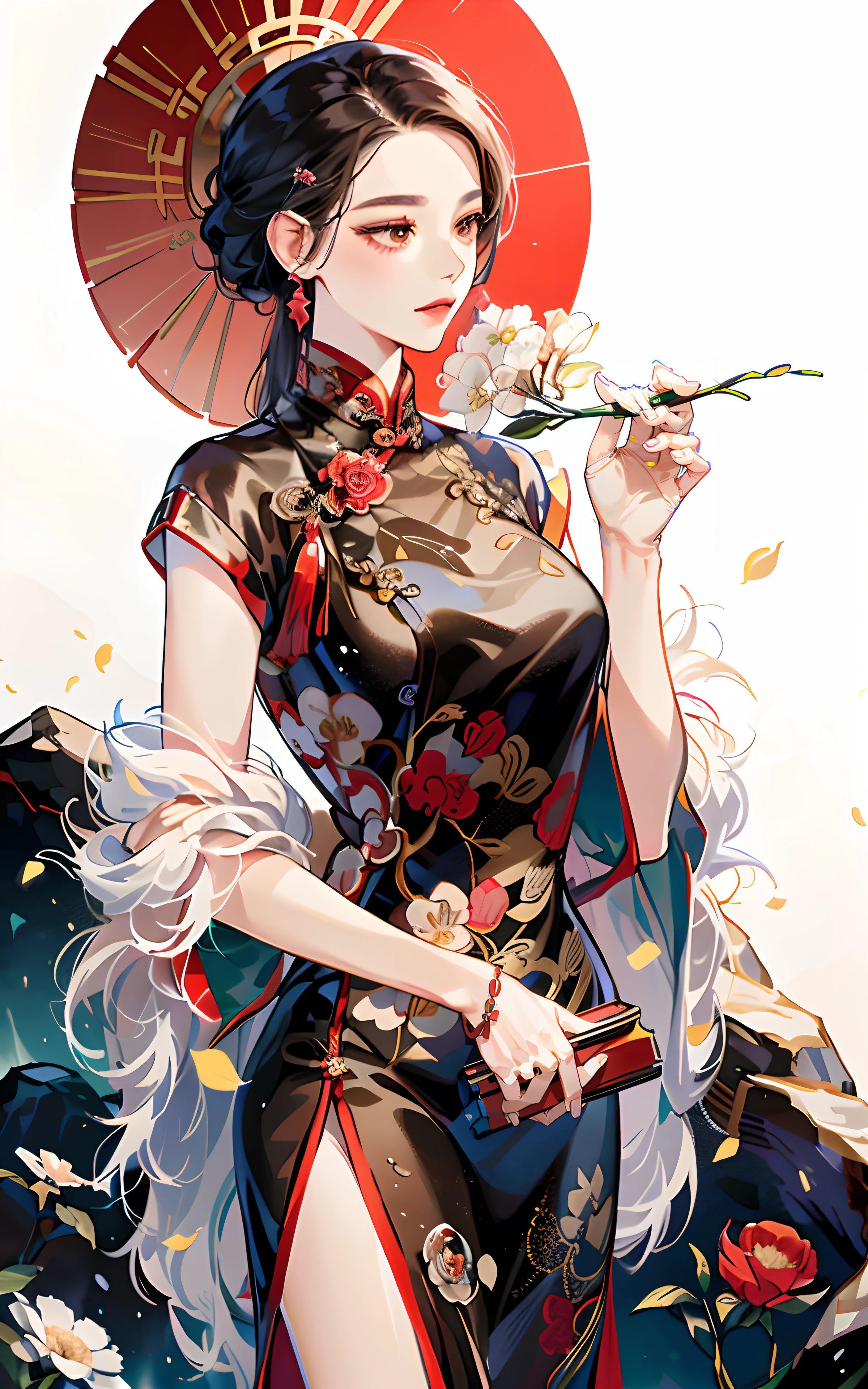 Close-up of a woman holding flowers in a dress,on cheongsam,wearing red cheongsam,Chinese style,Chinese dress,Chinese woman,Inspired by Chinese Empress Min Zhen,Exquisite digital illustration,Elegant digital art for chinese girls,Shenglin style artwork,Yang J,Inspired by Chinese princess Xie Sun