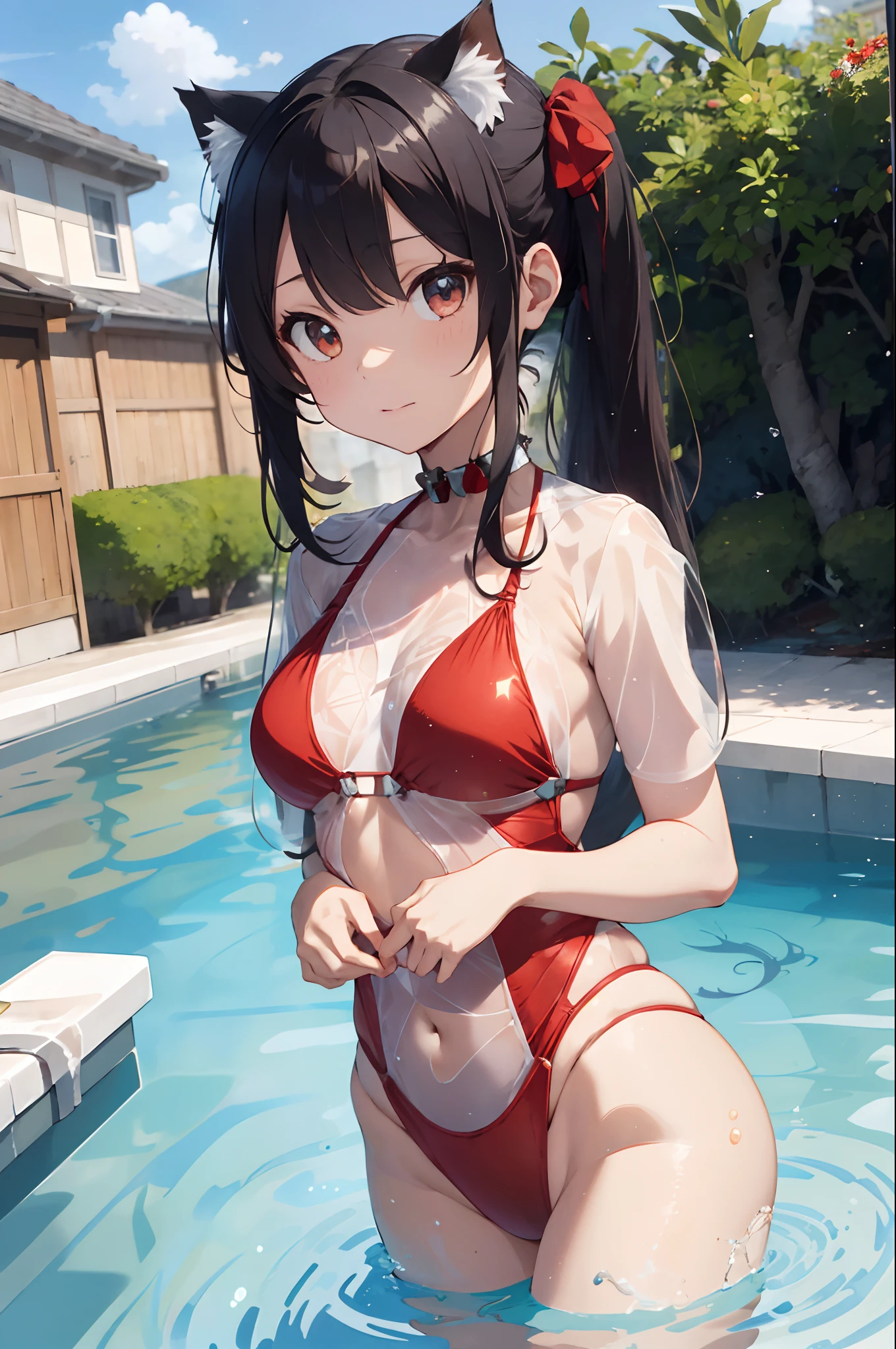 Beautiful fece, masterpiece, top-quality, hiqcgbody, animesque, 1girl in, Medium chest, The bikini, (transparent transparent red swimsuit), portrait shot, Look at viewers, Partially submerged, Outdoor pool, (silber hair),(Feline ears),poneyTail,wetted skin, intricate detailes,>,((coverd)