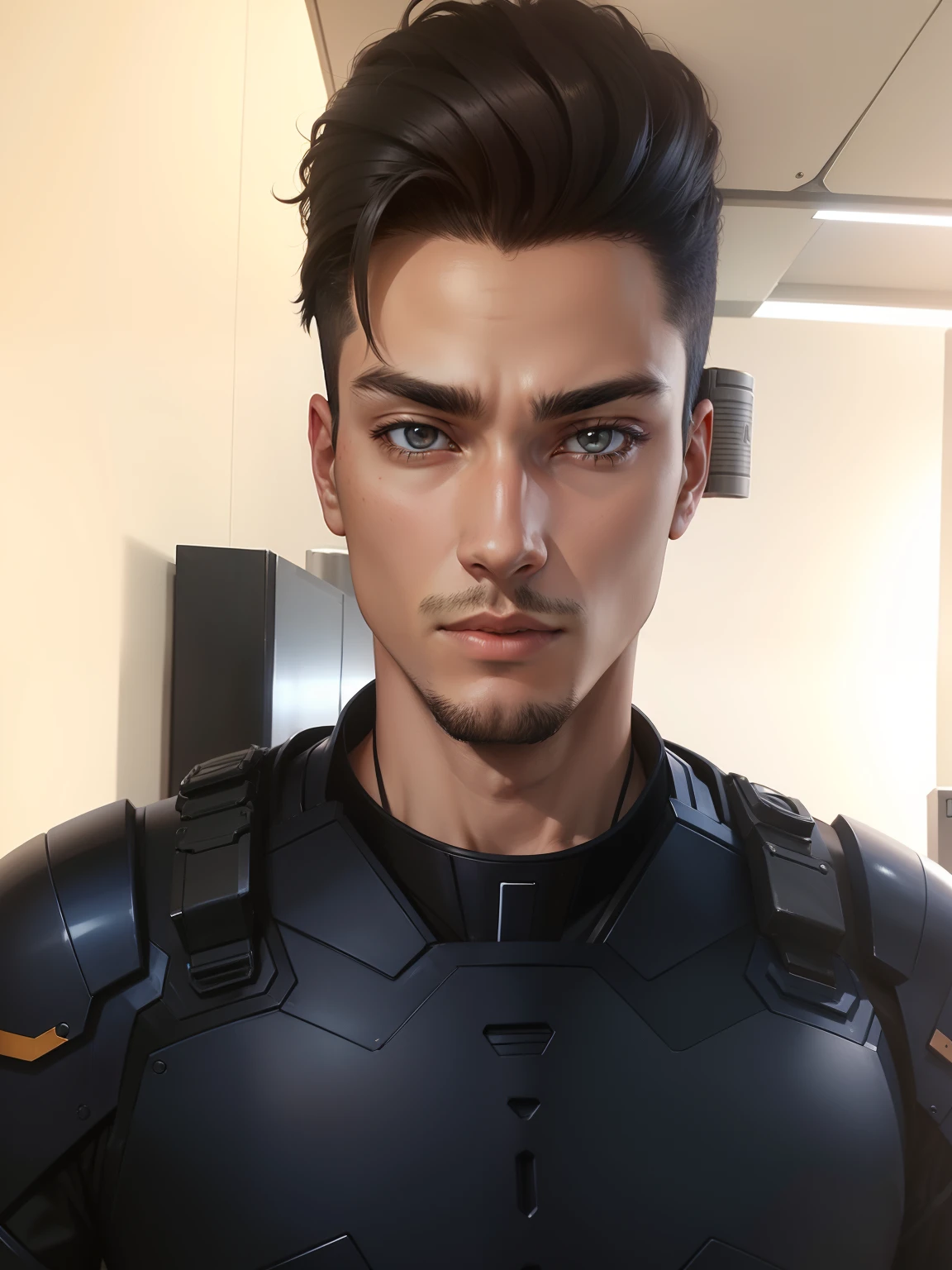 25-year-old wearing a navy blue men's battle suit glued to the futuristic body and with chrome details on the breastplate from one shoulder to the other in anime version, dark eyes, brown and rustic face look