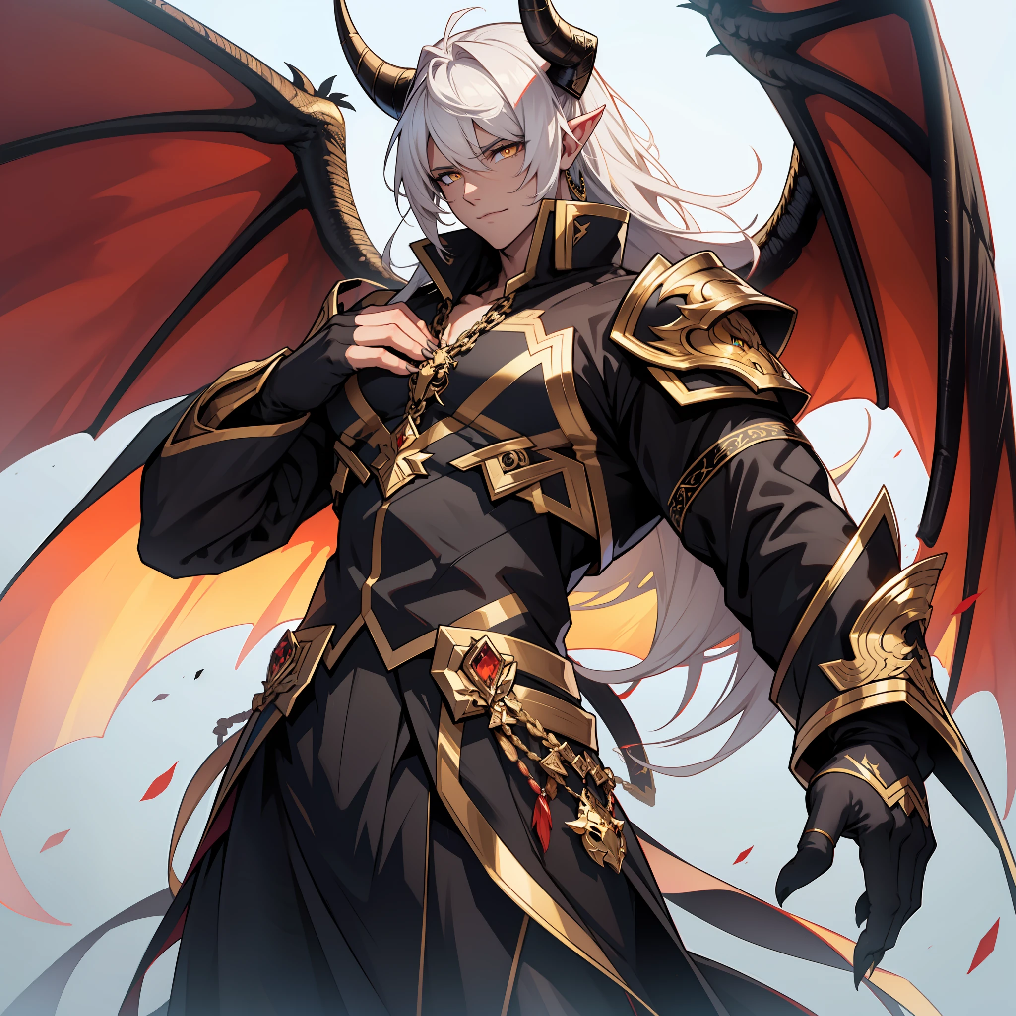 Dragon with black scales and long talons. Horns. Golden eyes. Huge wings. Golden soft eyes