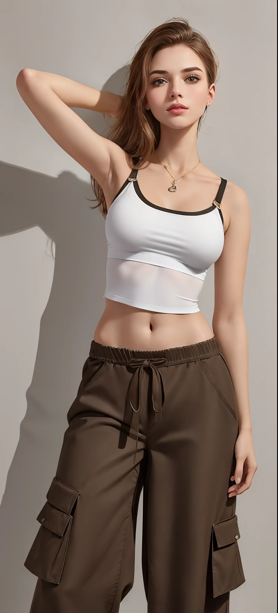 Beautiful woman Arafed in a white tank top and baggy khaki pants, usando um top cropped sexy, her navel is exposed, midriff exposto, usando crop top, wearing a tank top and baggy pants, usando uma camiseta regata de corte baixo, usando uma camiseta regata, usando um top cropped, roupa intrigante, usando um top cropped, wearing a sweater and baggy pants