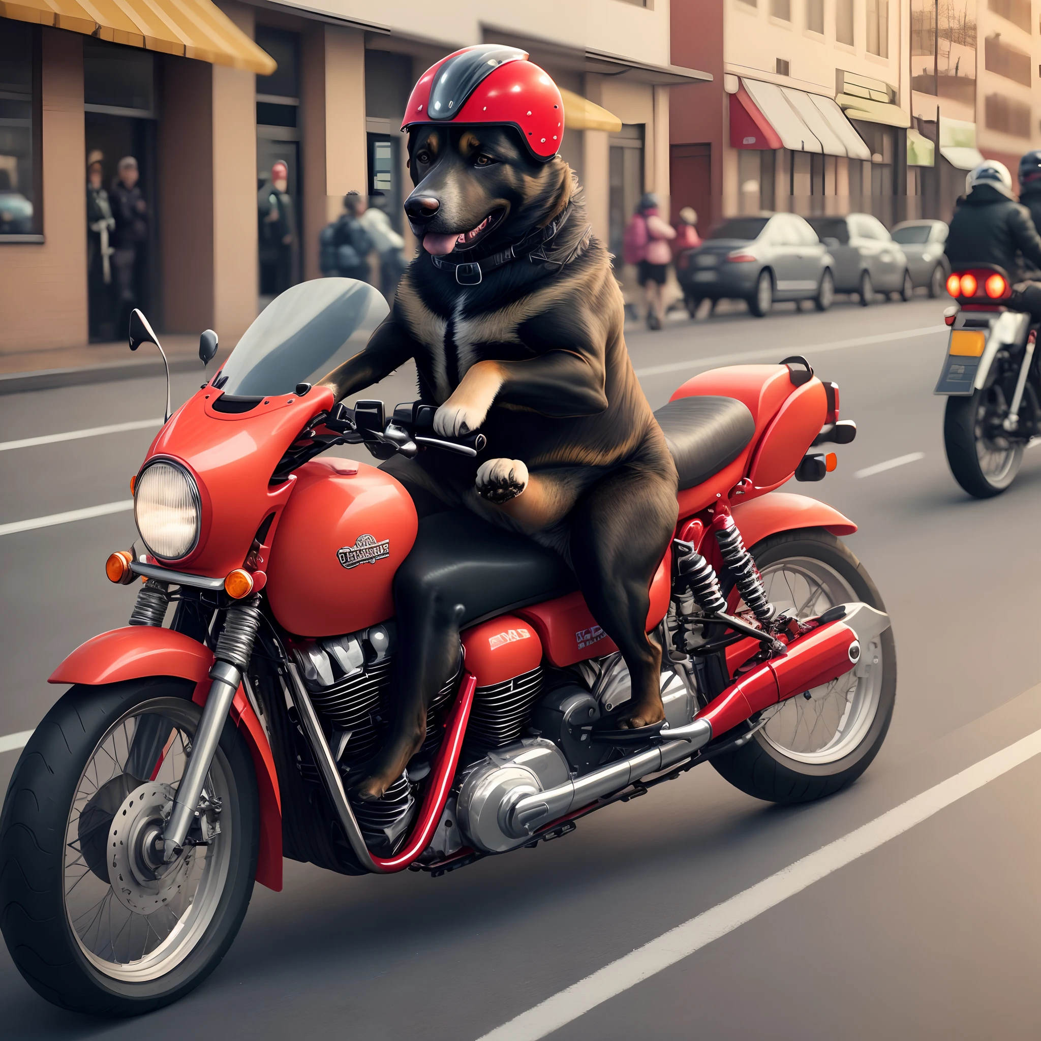 A large breed dog, alsatian, is riding a red motorcycle, de frente pra camera, em alta velocidade pelas ruas da cidade de Nova York. He's wearing a black leather jacket and a helmet, clima de um dia ensolarado e tem uma mochila de entregador pendurada nas costas. The backpack is full of packages, and the dog is striving to keep her stable as she runs. People on the sidewalks look at the dog in awe, and some even take pictures. The dog is loving the attention, And he runs even faster, happy to be the fastest delivery man in town, imagem em 3D.