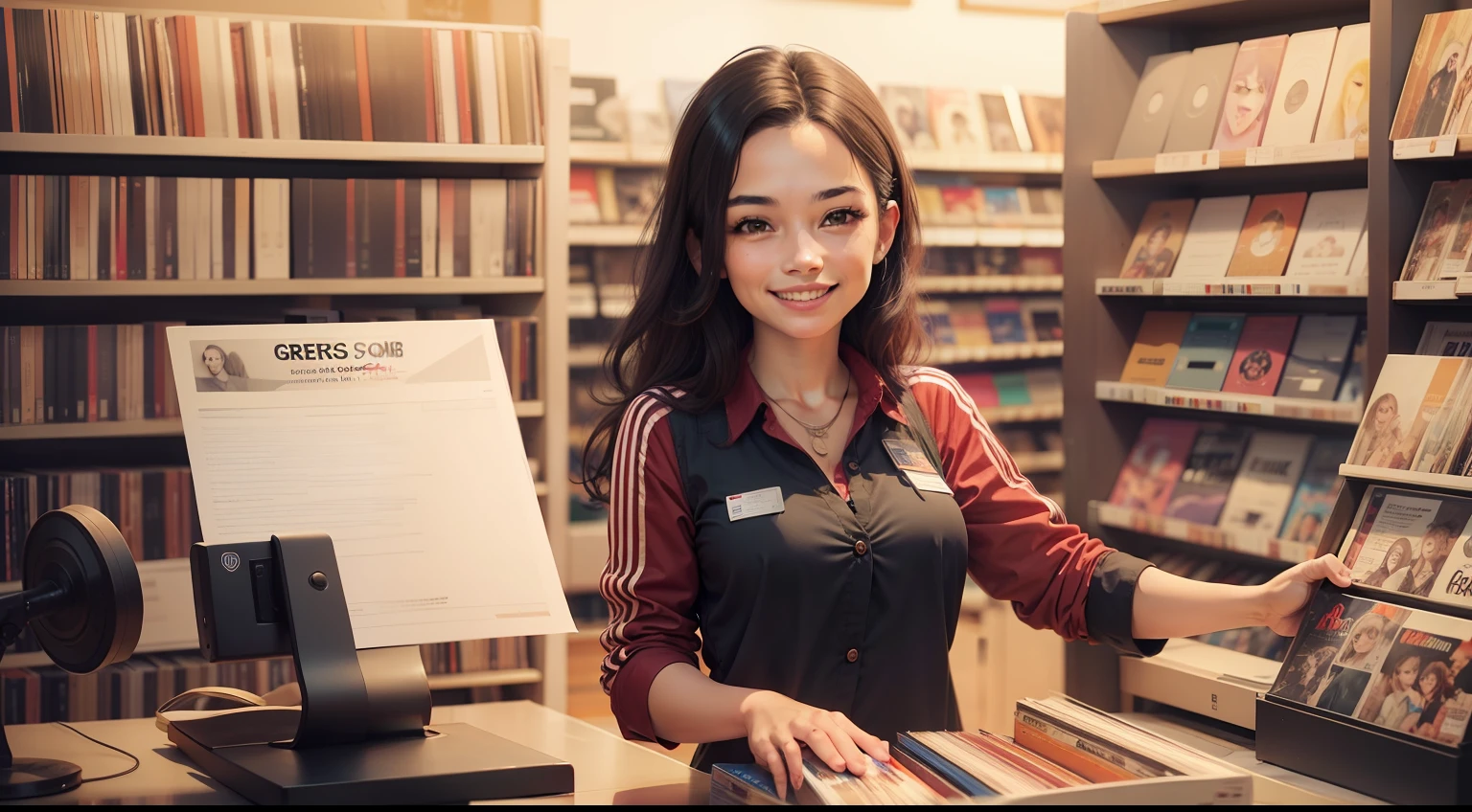 Garota sorrindo gentilmente, Record and CD store clerk asking if they can help you.