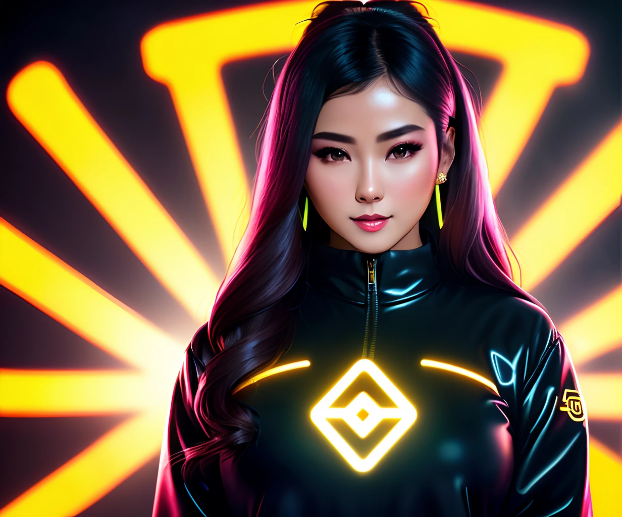 Masterpiece, 4K, HQ, Neon Babe, looking at the viewer, symmetric, centered, looking at her smartphone amidst a crowd, binance logo, curve logo