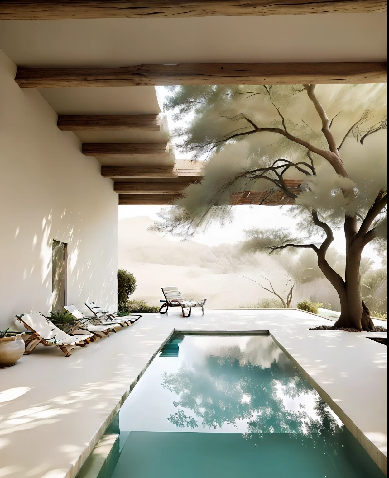 View of a pool with a tree in the middle of it, Estilo sereno e tranquilo, design ao ar livre, ao lado de uma piscina, Piscina grega, ao lado de uma piscina tropical, Beautiful and Aesthetic, mediterranean architecture, sit on the edge of swimming pool, com pano de fundo de luz natural, beautiful aesthetic design, minimalista e bonito, linda luz natural, lugar bonito