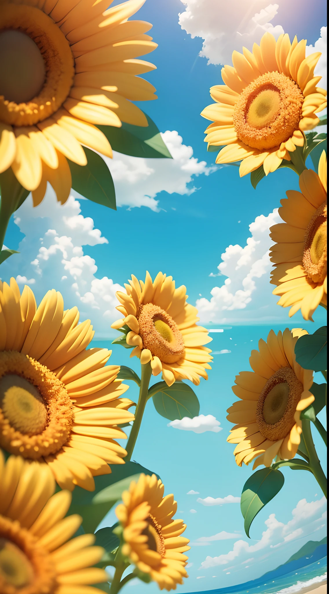 Summer clouds, sun flowers framed the image, sunny weather ,sky, sunny, colorful, happy and happy summer vacation, simple picture, close-up, brilliant sunshine, distant waves, visual impact, 3D DreamWorks style,