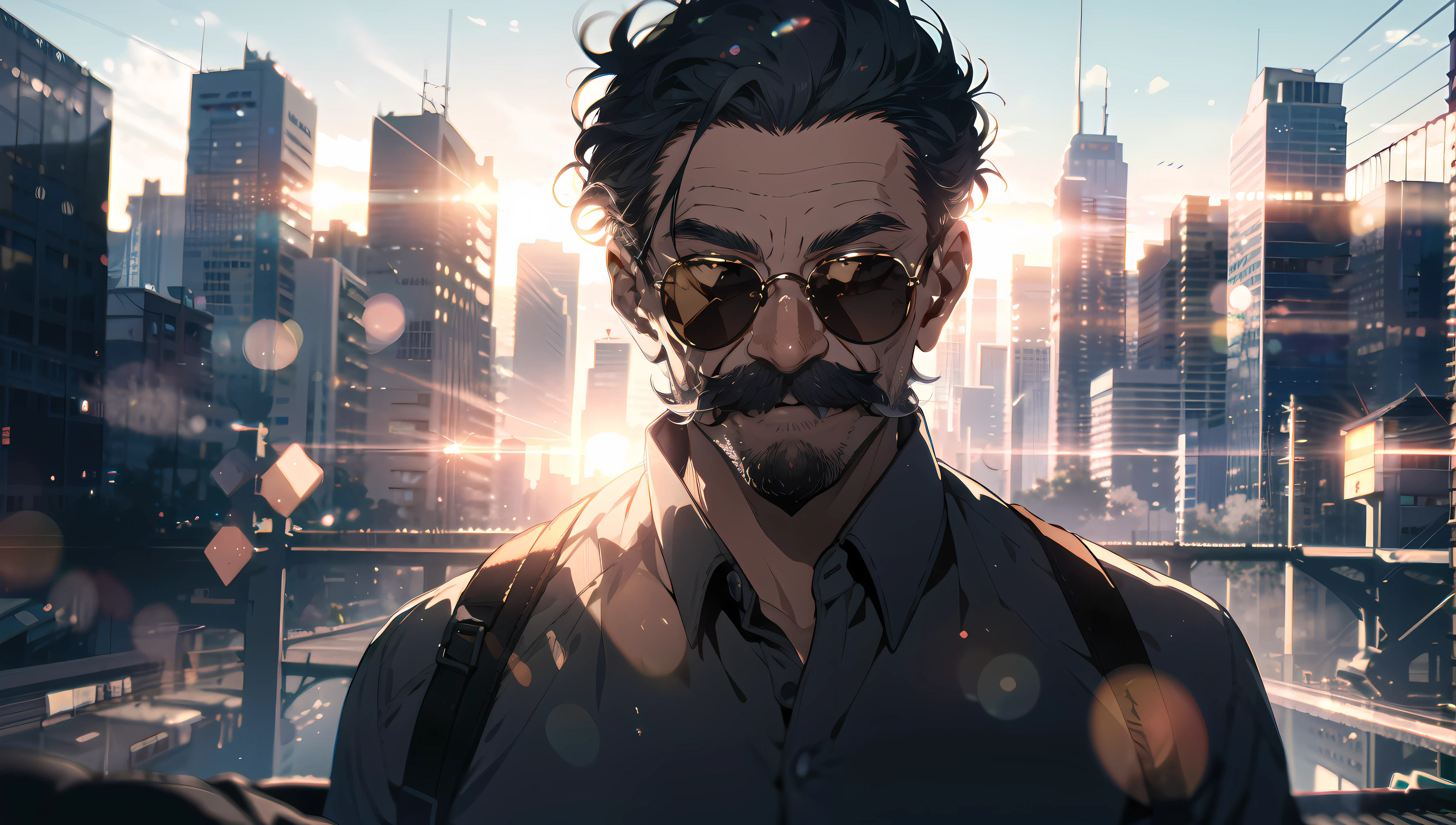 an old man, upper body, sunglasses on, long intricate mustache, huge Laughing, sun glare, bokeh, depth of field, blurry background, light particles, city skyline, wide view