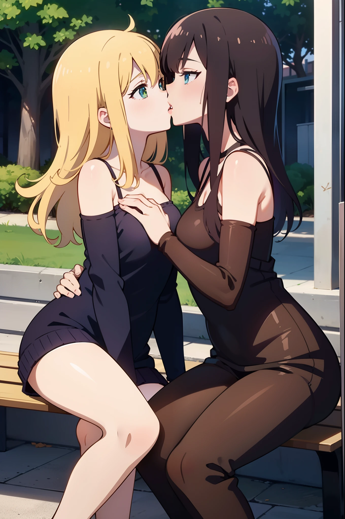 Anime characters kissing on benches in the park, kissing together cutely, kissing together, Kissing each other, two beautiful anime girls, lovely kiss, style of anime4 K, high detailed official artwork, Smooth anime CG art, Anime girls, portrait of two girls kissing, Official artwork, Kissing, Anime wallpaper 4K, Anime wallpaper 4 k, Anime style. 8K, brown hair, blonde hair, green eyes, blue eyes