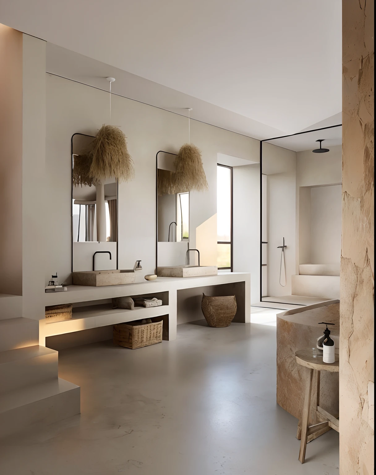 There is a bathroom with two sinks and a large mirror, banheiro moderno, Estilo sereno e tranquilo, design de banheiro premium, Rustic, preenchido com luz natural, Directed by: Leo Goetz, brilho matinal, motor irreal renderizado 5, com pano de fundo de luz natural, natural realistic render, detalhado unreal engine 5 render, Unreal Engine 5 altamente renderizado, Terra Neutra Moderna