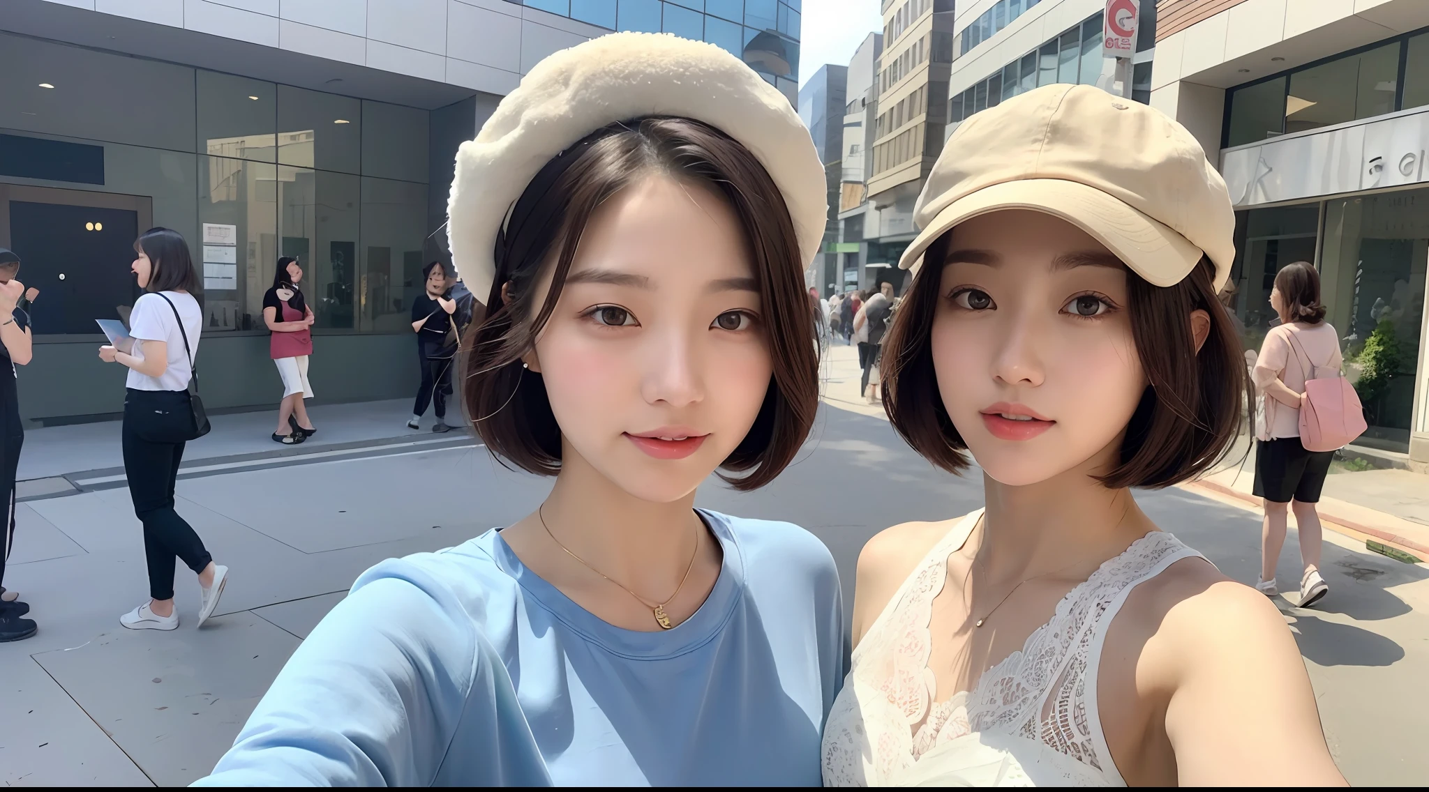 （（best qualtiy，8K，tmasterpiece：1.3）），（Flower Cap：1.3），Perfect beauty：1.4，glute：1.2，（Layered Hair Style：1.2）），（the street：1.3），Highly Detailed Face and Skin Textur，full bodyesbian，Elaborate Eyes，二重まぶた，Whitens the skin，Short wave hair，Cute Korean beauty（with a round face：1.5），（Loose top，shorter pants：1.6）ssmile，There is only a full-body photo of a beautiful woman