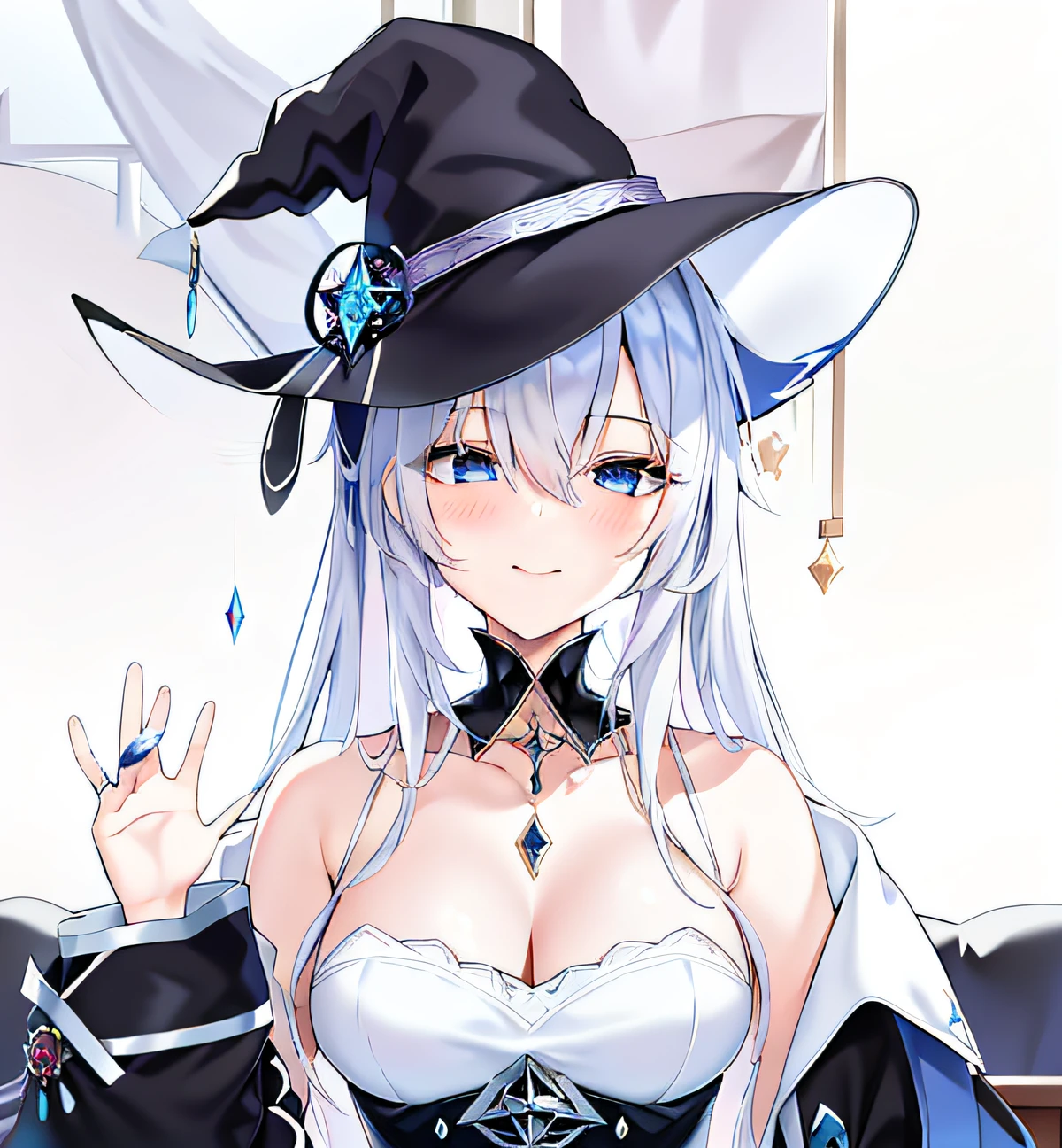 Anime girl with black hat and white dress and blue eyes, from girls frontline, flirty anime witch casting magic, astral witch clothes, From Arknights, Fine details. Girl Front, beautiful female witch, pretty sorceress, A scene from the《azur lane》videogame, girls frontline universe, 《azur lane》role, fashionable dark witch, girls frontline style