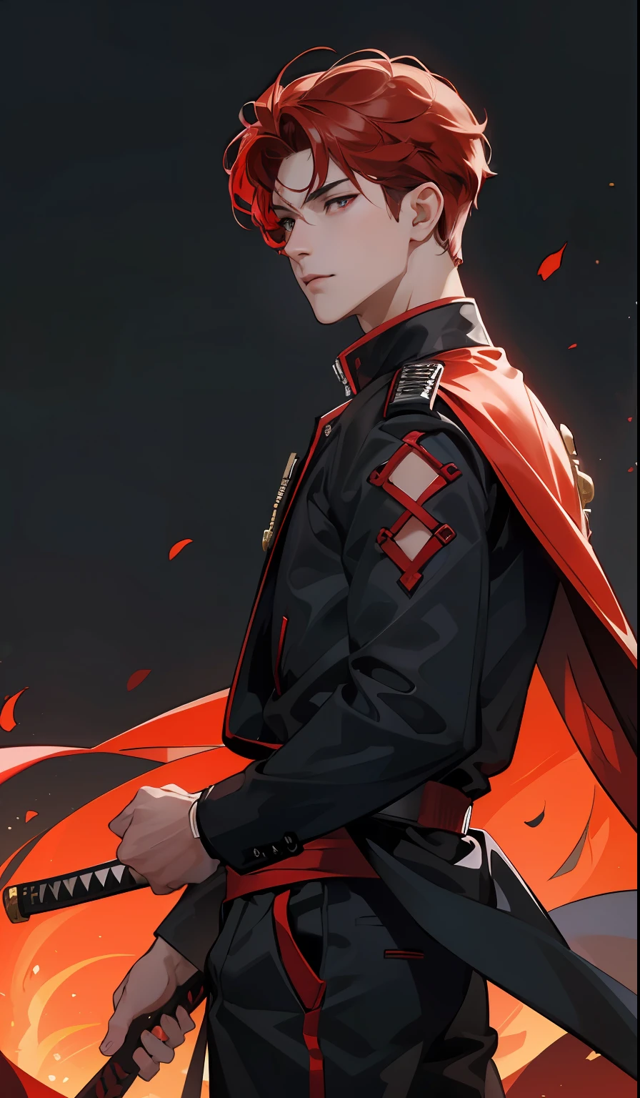 (absurd, high, extremely detailed),((masterpiece)), ((best quality:1.1)), High resolution, 8k,1 boy, (red hair, slightly curly hair, hair super short, layered hair :1.1 ), shaded face, (men's black coat with red interlacing, black top, black men's jogger pants: 1.1), , (top view: 1.1) , (red eyes), (katana in hand), night city, standing still