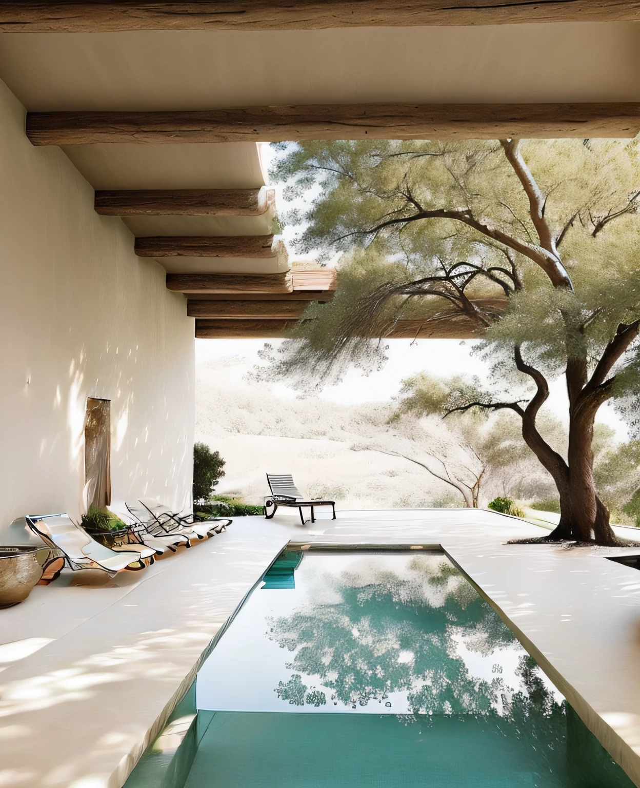 View of a pool with a tree in the middle of it, Estilo sereno e tranquilo, design ao ar livre, ao lado de uma piscina, Piscina grega, ao lado de uma piscina tropical, Beautiful and Aesthetic, mediterranean architecture, sit on the edge of swimming pool, com pano de fundo de luz natural, beautiful aesthetic design, minimalista e bonito, linda luz natural, lugar bonito