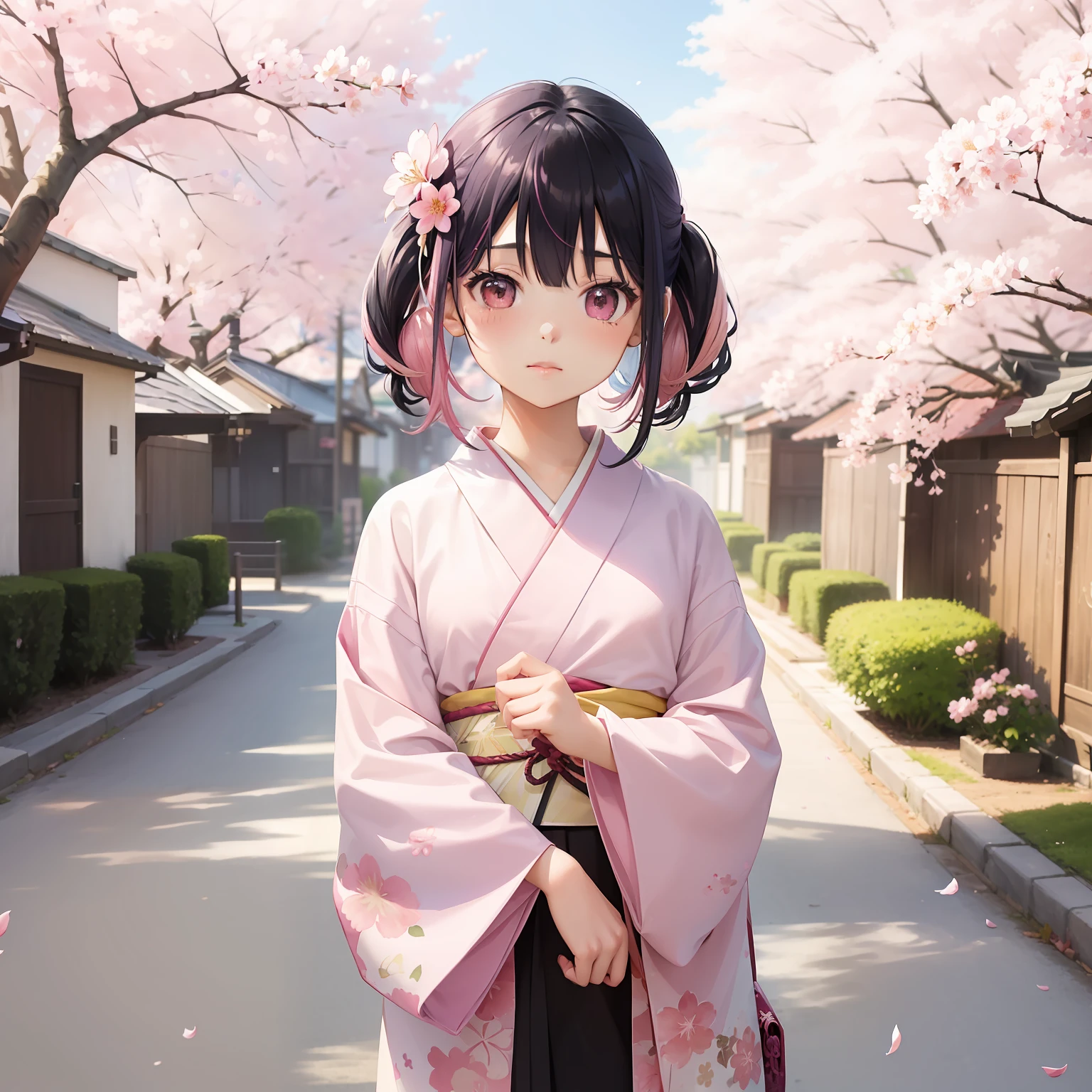 watercolor paiting(Beautifully Aesthetic:1.2)、(1girl in:1.3)、(colourful hair、Half pink and half black hair:1.2)、natta、colourfull、cherryblossom、Fantastic twilight、Wearing a pink and white kimono、The beauty of the spirit、Cherry blossoms flutter、Beautie、flower language(Don't forget me)、Sad face