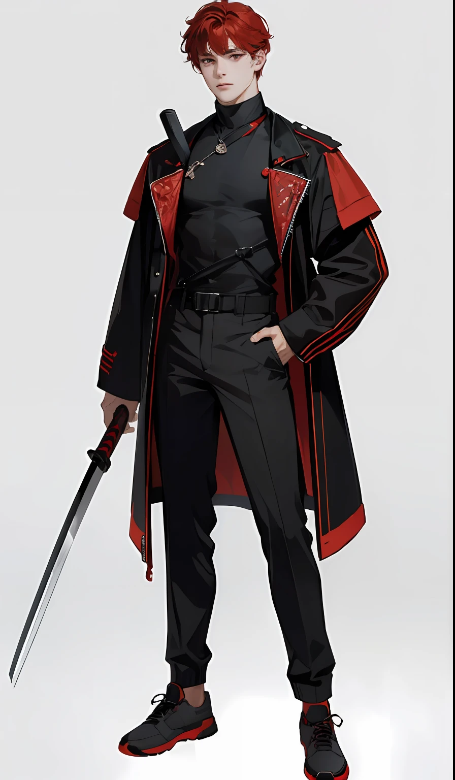 (absurd, high, extremely detailed),((masterpiece)), ((best quality:1.1)), High resolution, 8k,1 boy, (red hair, slightly curly hair, hair super short, layered hair :1.1 ), shaded face, (men's black coat with red interlacing, black top, black men's jogger pants: 1.1), , (top view: 1.1) , (red eyes), (katana in hand), night city, standing still