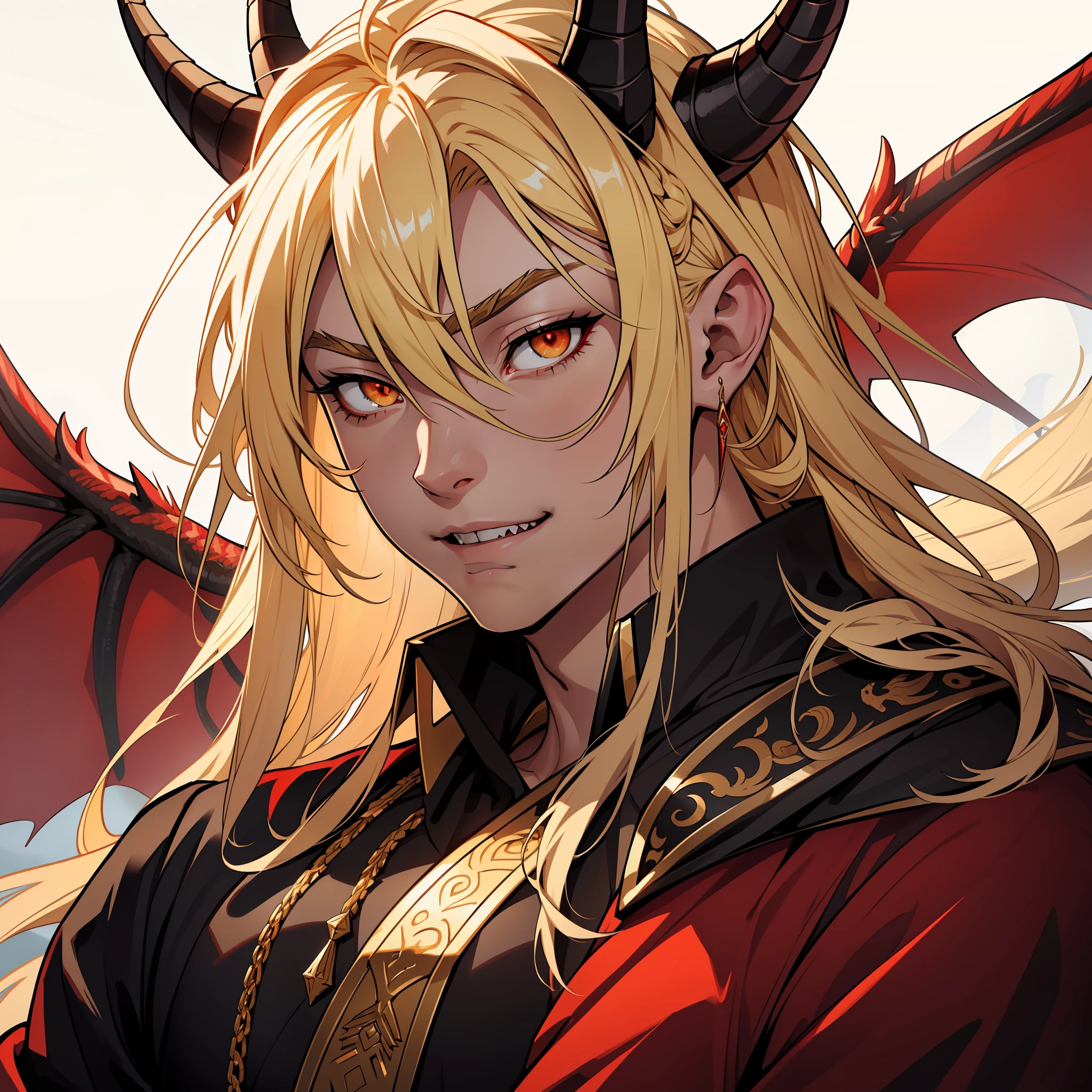 Dragon with black scales and long talons. Horns. Golden eyes. Huge wings. soft eyes. Dragon in human form. Lomg hair. Blonde hair. Red eyes. Roman nose. Fangs. Soft expression. Soft look