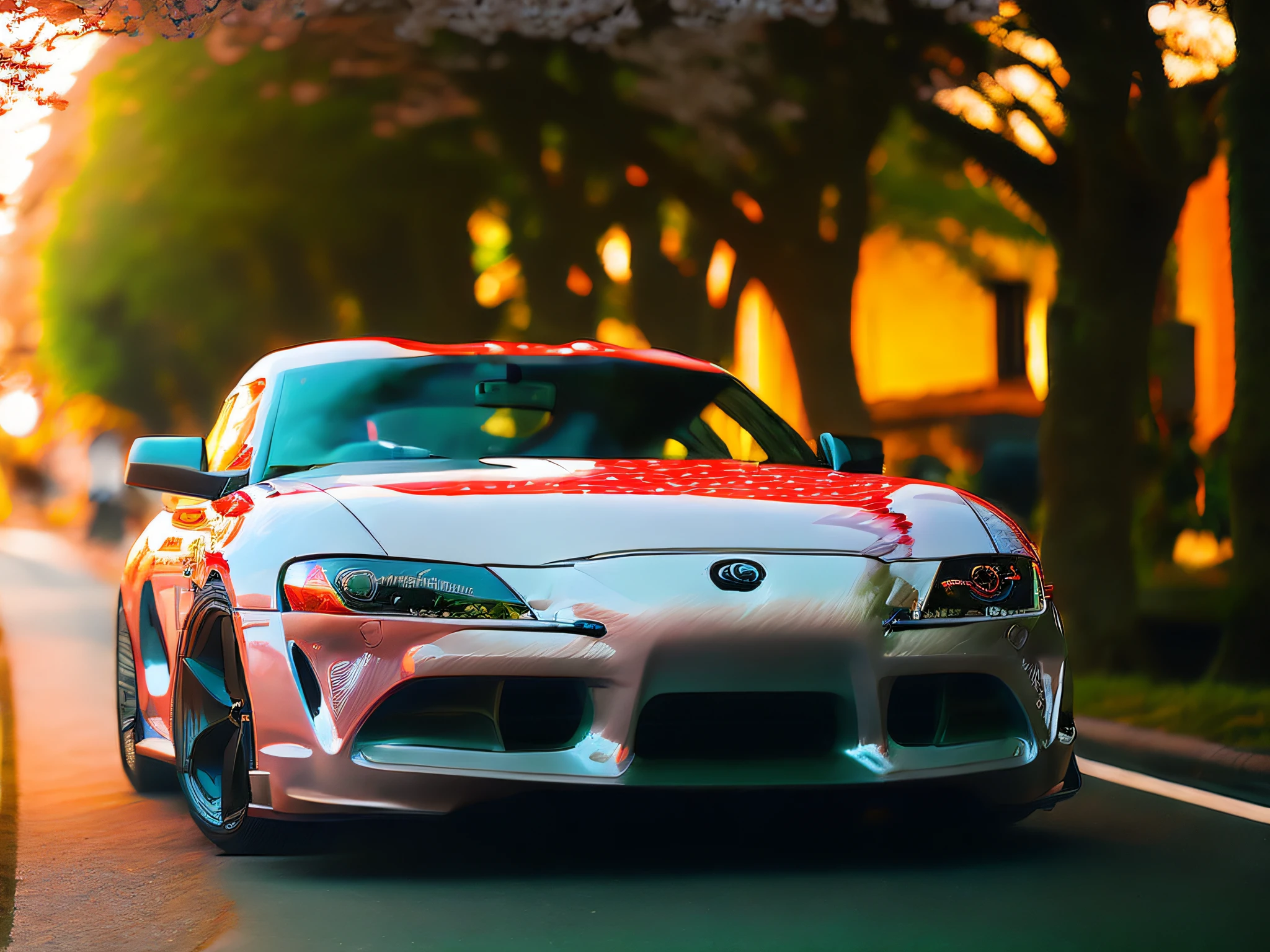 side shot of mk4Supra under cherry trees in kyoto at sunset with cobblestone street covered in cherry blossom petals, high quality photo, lens flare, bokeh, 8k resolution, gobo lights, warm ambient light, volumetric light, neon lights , depth of field , analog, hazy atmosphere, lens flares, light glare, portra 800 film