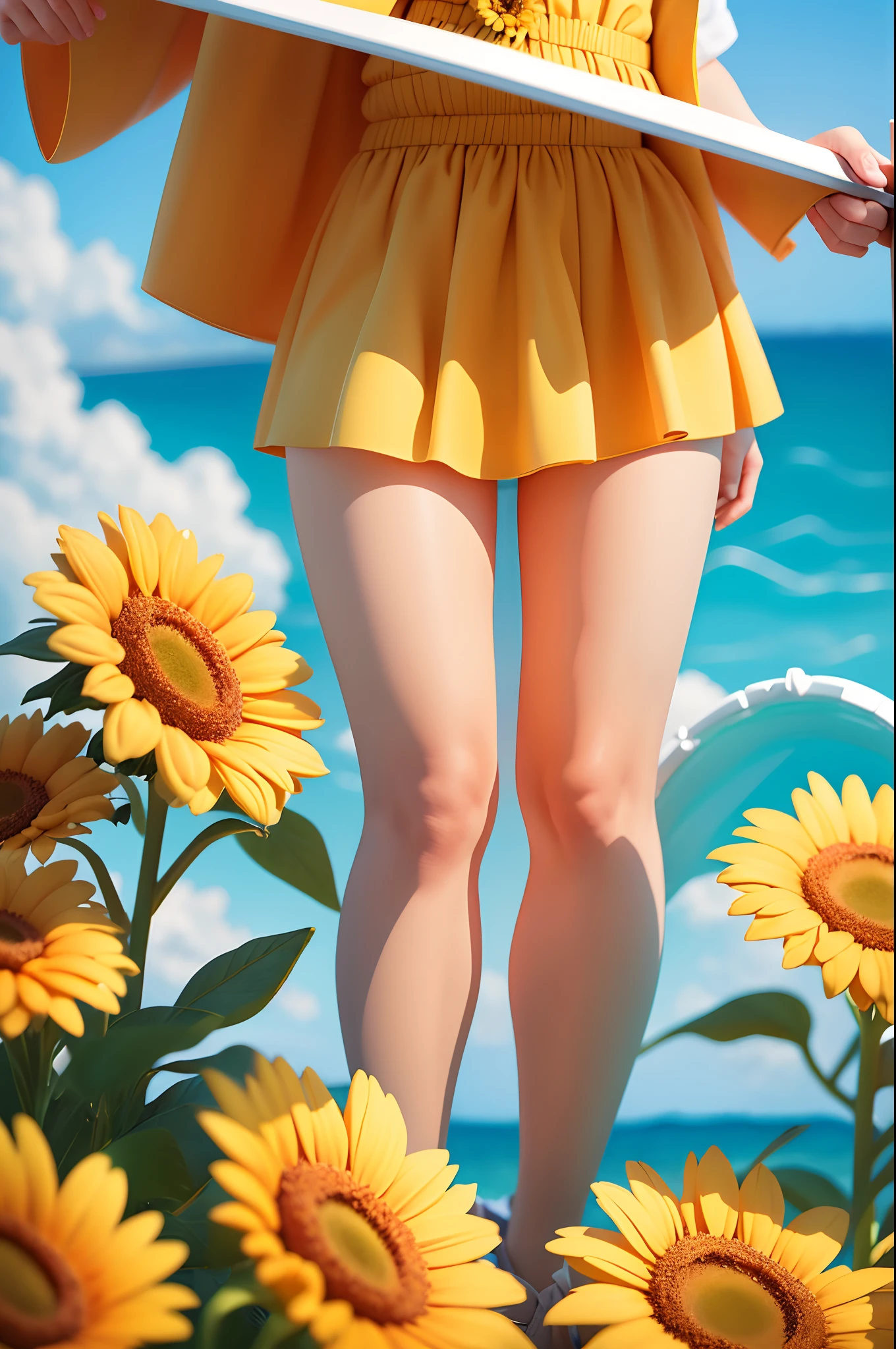 Summer clouds, sun flowers framed the image, sunny weather ,sky, sunny, colorful, happy and happy summer vacation, simple picture, close-up, brilliant sunshine, distant waves, visual impact, 3D DreamWorks style,