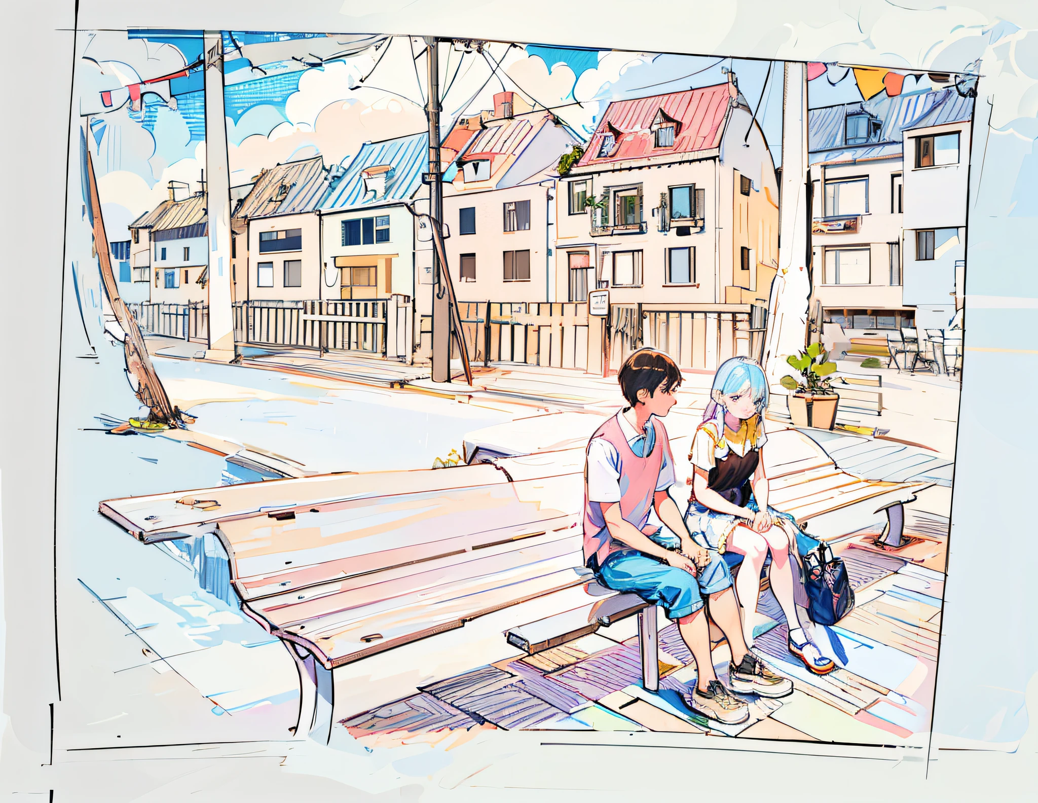 drawing of a couple sitting on a bench by the sea, full color illustration, stylised illustration, color illustration, by Hugh Hughes, full color drawing, 1 / 4 portrait, artists impression, colored illustration, vignette illustration, sketch illustration, artist impression, short perspective, by Echo Chernik, a sketch, by Un'ichi Hiratsuka, concept drawing