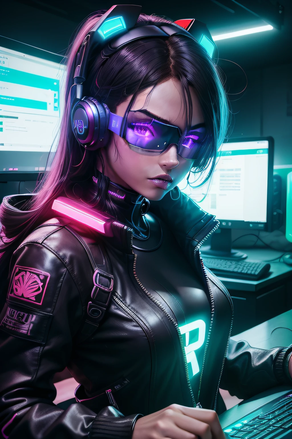 ((melhor qualidade)), ((master part)), (Very detailed: 1.3), quarto escuro, Neon Noir, Mulher Cyberpunk Bonita, (Wearing a Chunky High-Tech Head-Mounted Display: 1.2), Usando uma capa, Hackeando Terminal de Computador, Blue Neon Lights from Monitors, Red Neon Codes on the Walls,