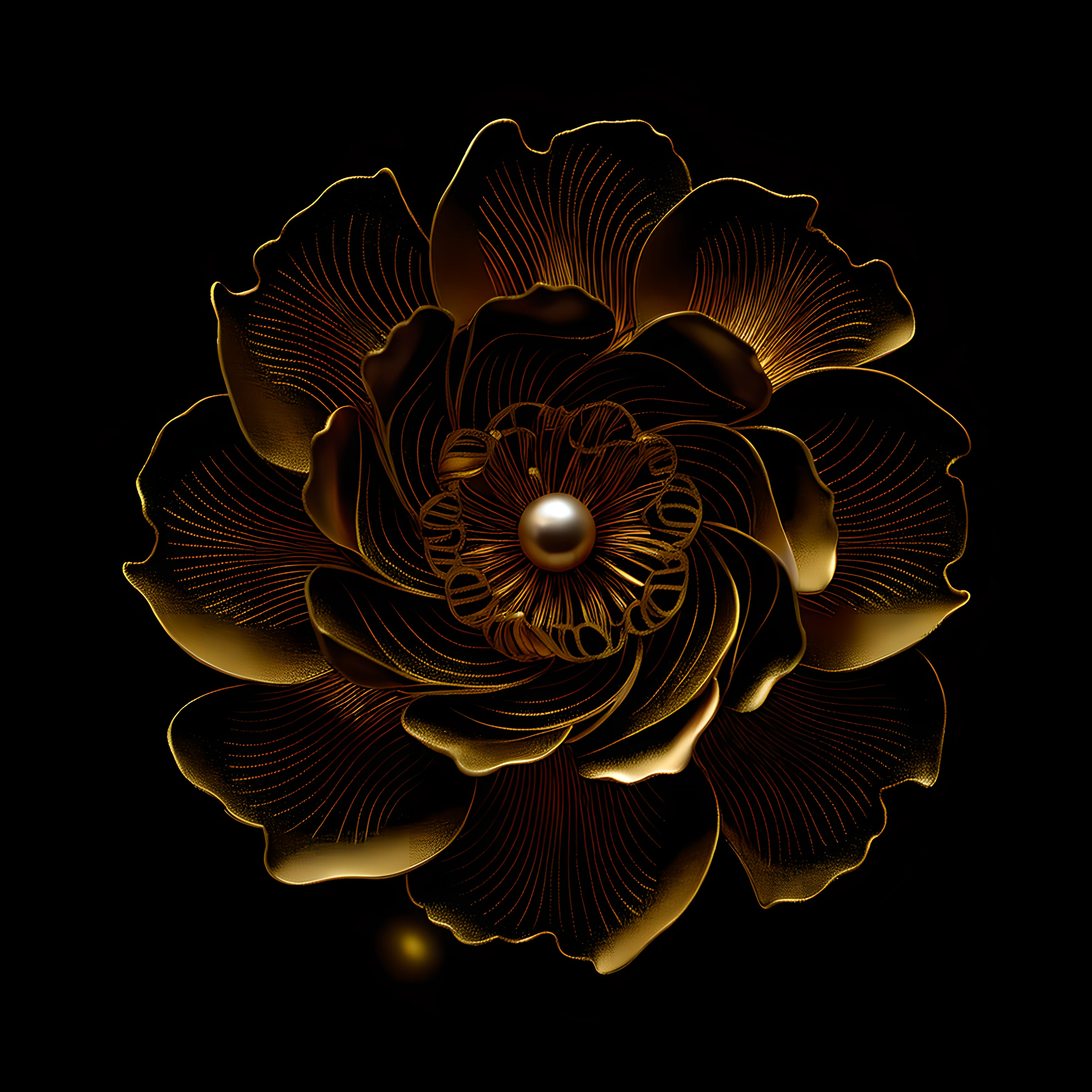 A golden flower in the center of a pearl on a black background, gold flowers, realistic gold, luxurious ornate golden jewelry, flowers and gold, sculpture made of gold, on black background, gilded with gold, gold, golden flowers, shining gold, On a black background, shining gold, chaotic gold leaf flowers, delicate detailing golden stroke, Gold decoration, golden smooth material