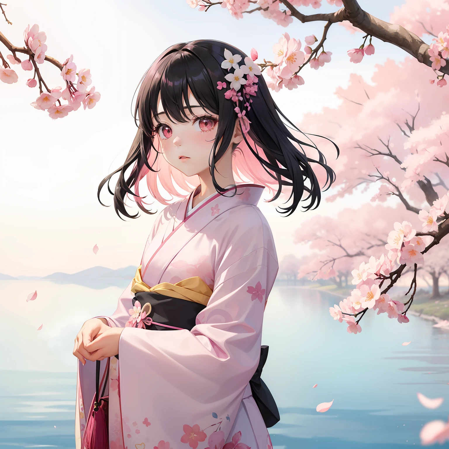 watercolor paiting(Beautifully Aesthetic:1.2)、(1girl in:1.3)、(Half pink and half black hair:1.2)、natta、colourfull、cherryblossom、evening、Fantastical、Wearing a pink and white kimono、Beauty of the spirit、Cherry blossoms flutter、Beautie、flower language（Don't forget me）、Sad face