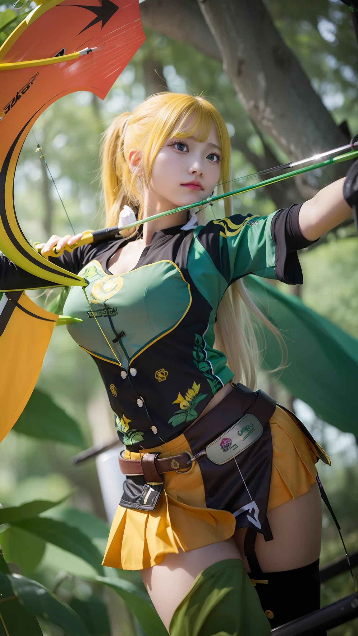 1 girl, long hair, yellow hair, archery girl, green archery wear, violet eyes, ultra details, ultra high res, 8k,