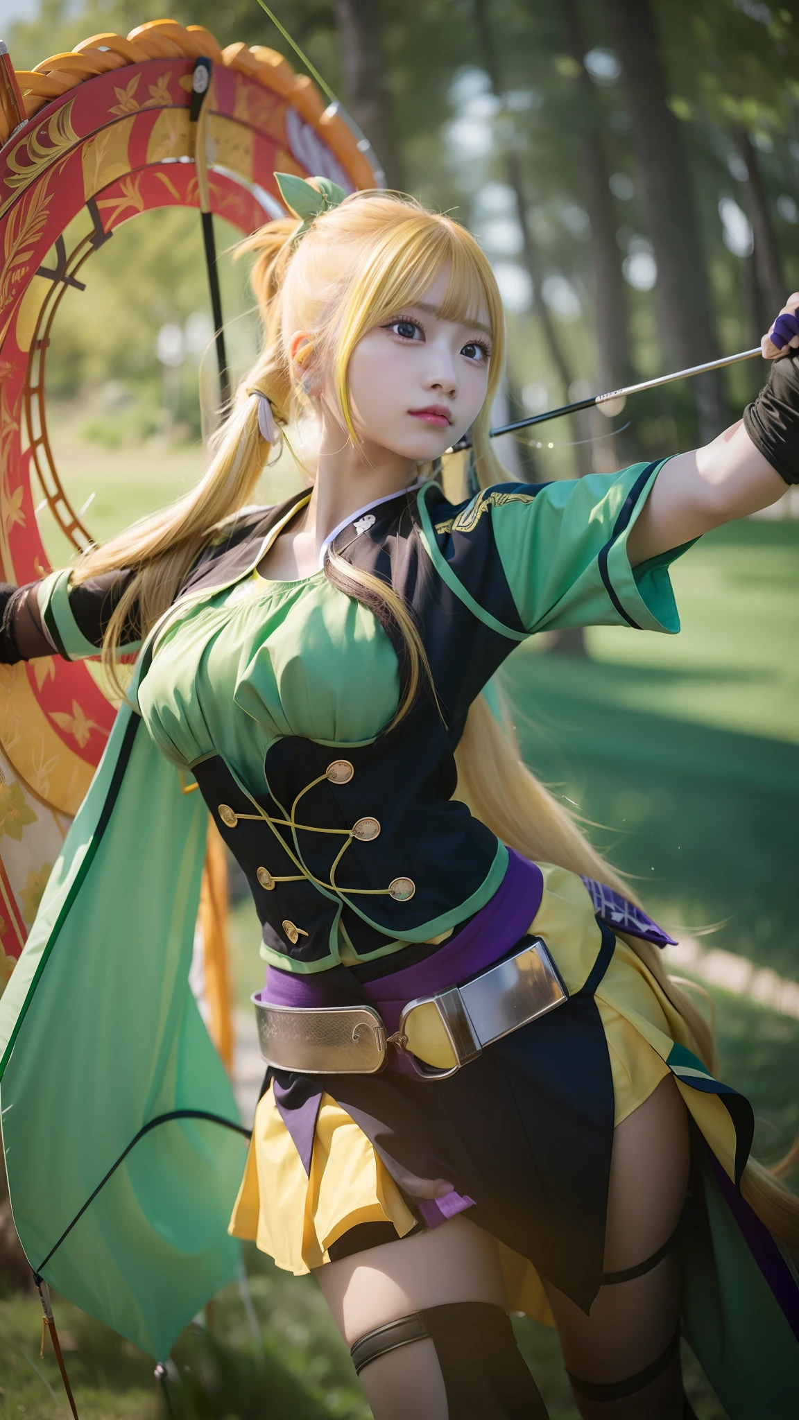 1 girl, long hair, yellow hair, archery girl, green archery wear, violet eyes, ultra details, ultra high res, 8k,