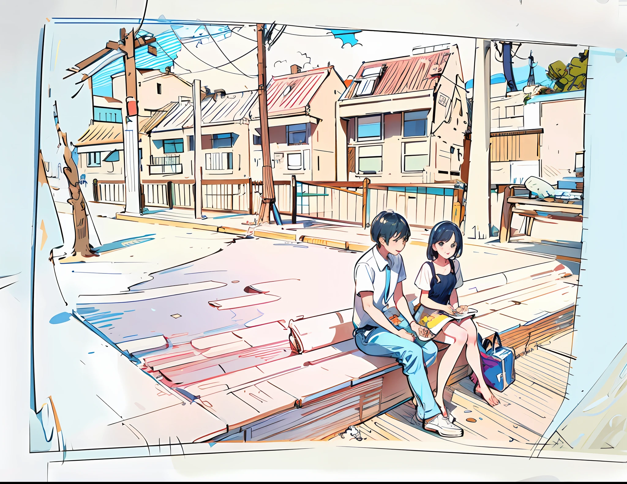 drawing of a couple sitting on a bench by the sea, full color illustration, stylised illustration, color illustration, by Hugh Hughes, full color drawing, 1 / 4 portrait, artists impression, colored illustration, vignette illustration, sketch illustration, artist impression, short perspective, by Echo Chernik, a sketch, by Un'ichi Hiratsuka, concept drawing