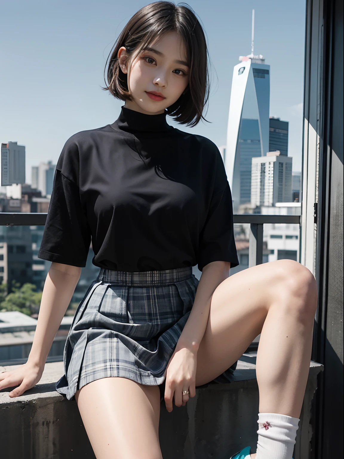 This image presents a girl dressed in a modern Japanese school uniform, set against a backdrop of a bustling cityscape. Her uniform features a fitted, short-sleeved blouse in light blue, adorned with a subtle plaid pattern. Paired with the blouse is a pleated skirt in a trendy shade of gray, giving her ensemble a contemporary touch. She wears white knee-high socks with a hint of lace and stylish platform sneakers in a contrasting color. Her hair is styled in a fashionable bob cut, framing her face and accentuating her youthful charm. With a confident smile on her face, the girl embodies the spirit of individuality and creativity that is embraced in modern Japanese schools.
This image presents a girl dressed in a modern Japanese school uniform, set against a backdrop of a bustling cityscape. Her uniform features a fitted, short-sleeved blouse in light blue, adorned with a subtle plaid pattern. Paired with the blouse is a pleated skirt in a trendy shade of gray, giving her ensemble a contemporary touch. She wears white knee-high socks with a hint of lace and stylish platform sneakers in a contrasting color. Her hair is styled in a fashionable bob cut, framing her face and accentuating her youthful charm. With a confident smile on her face, the girl embodies the spirit of individuality and creativity that is embraced in modern Japanese schools