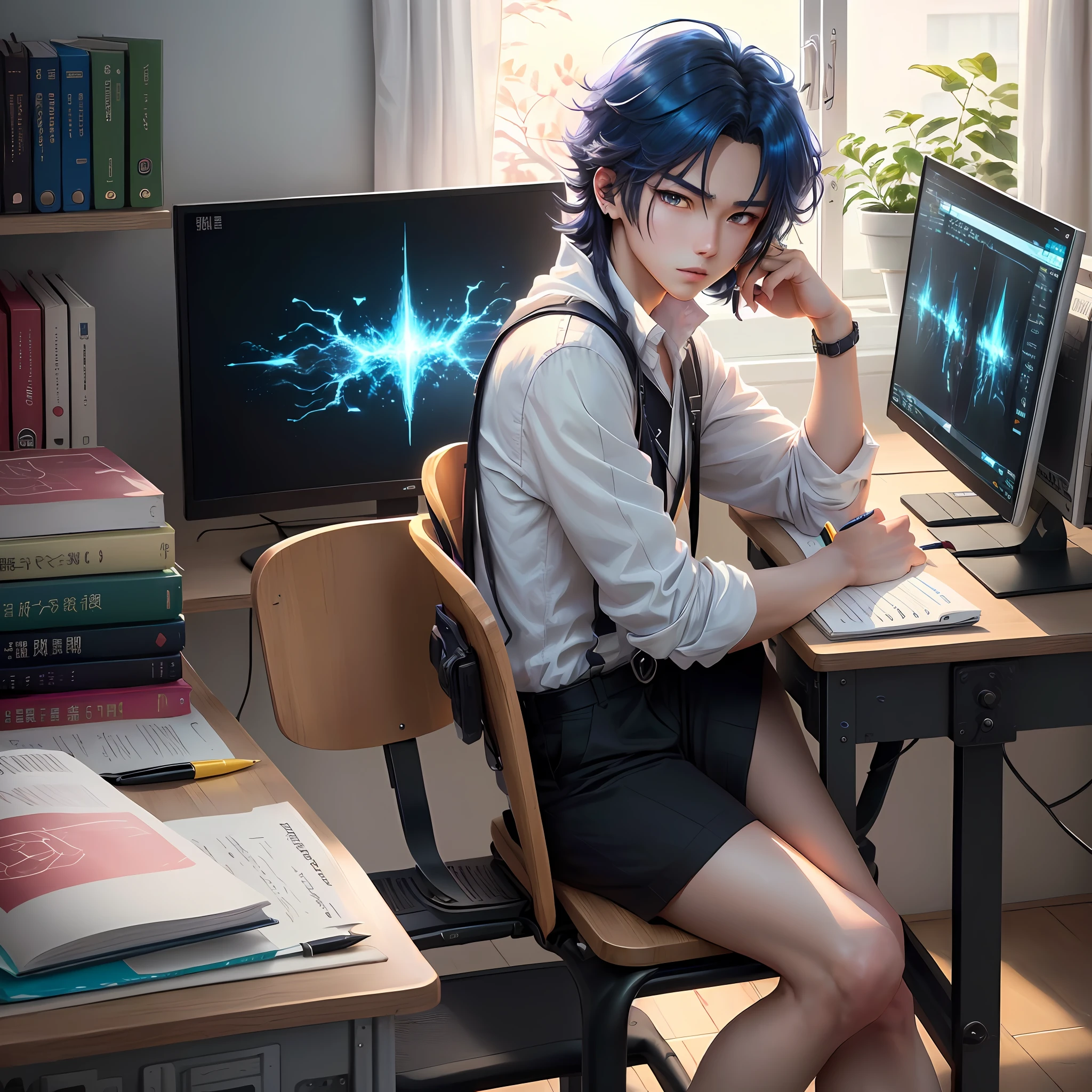 Anime people sitting at desks,There are Chinese English books with pens in hand, Anime style 4 K, 4k anime wallpaper, badass anime 8 k, 4 k comic wallpaper, young anime man, Anime boys, Anime wallpapers 4 k, anime wallpaper 4k, High quality anime art style, anime moe art style, Anime art wallpaper 8 K, Anime art wallpaper 4 K, RGB lighting,