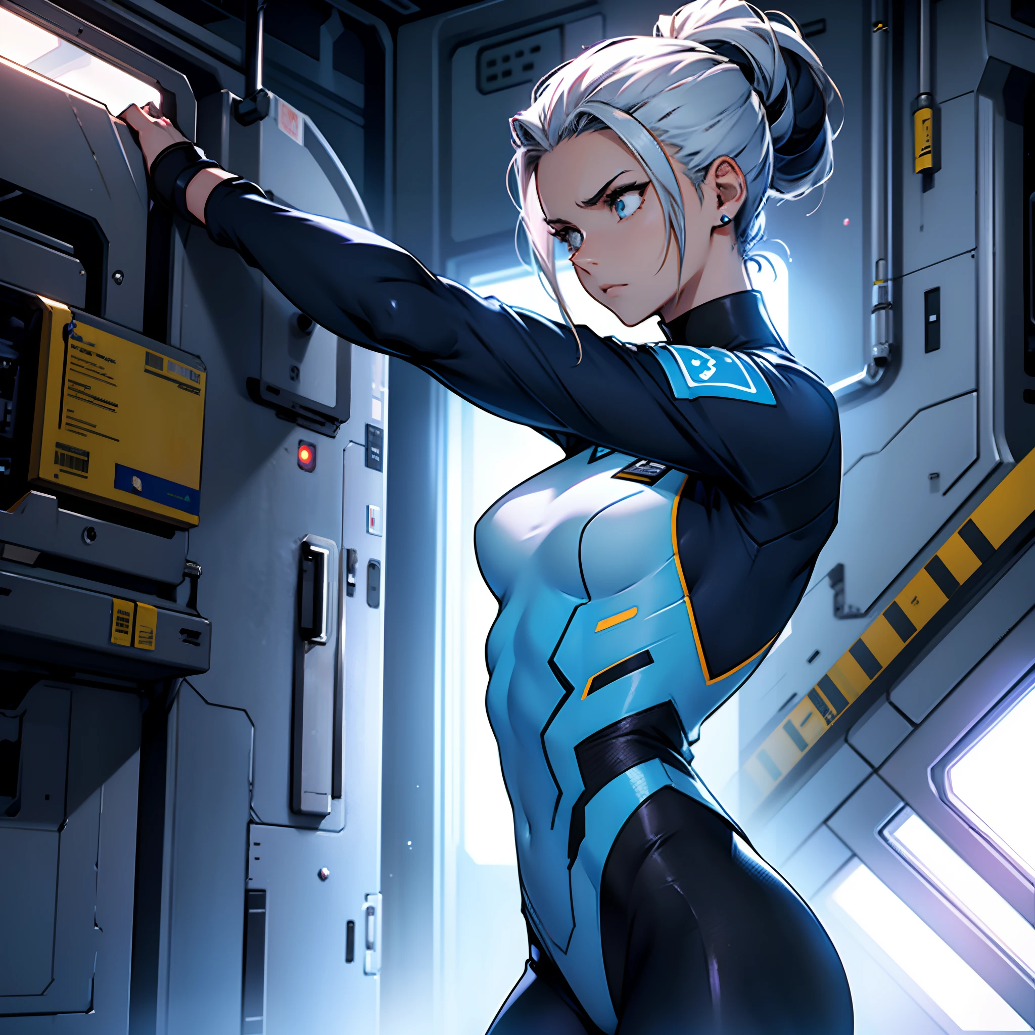 A defeated beautiful girl, tight sci - fi uniform, with a slim figure, whole body, with her hair up, female agent, Emma Waston, blue,knocked out