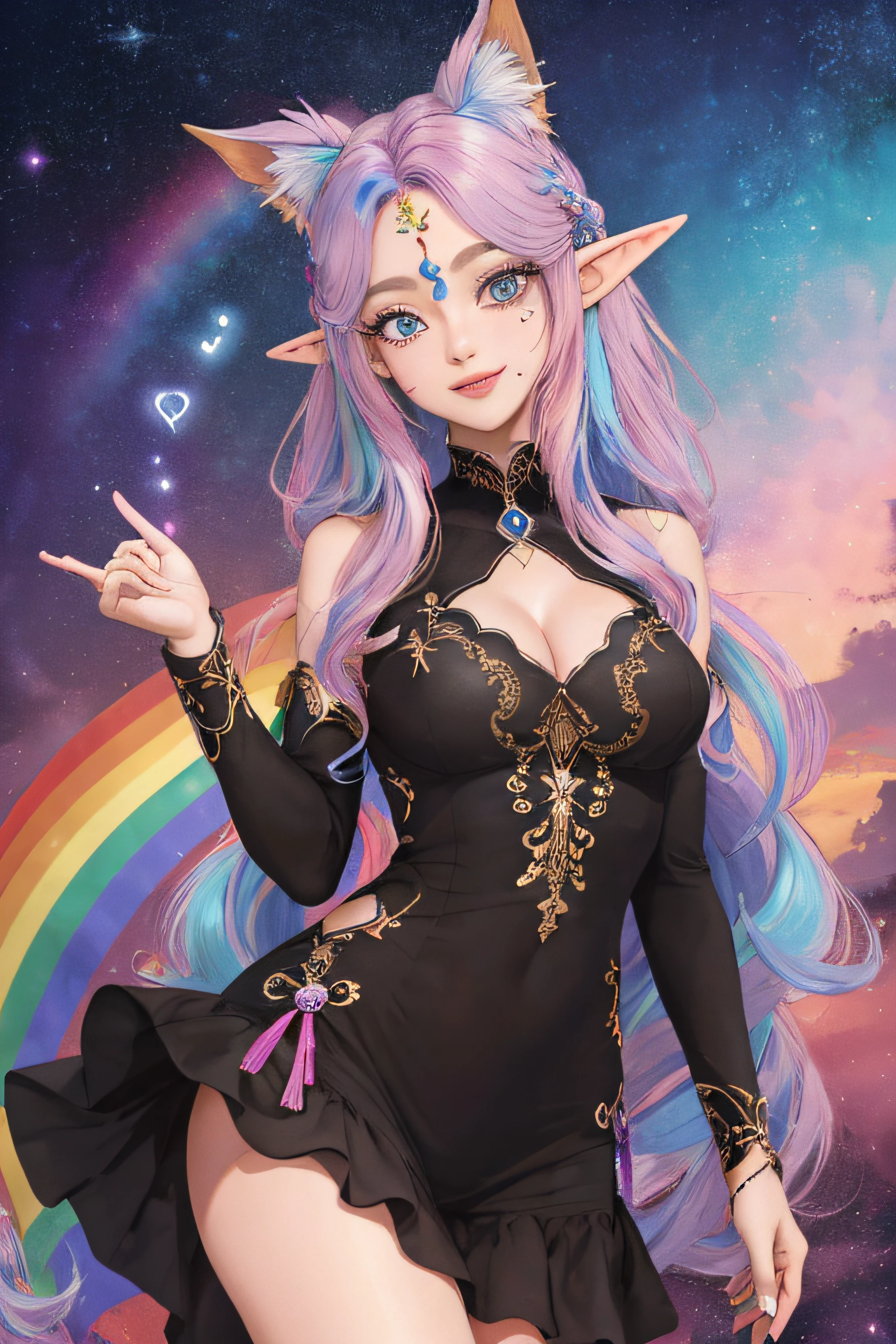cosmic version, ((delicate hand, ultra detalhada)), (dedos super detalhados), (obra-prima: 2.4, melhor qualidade: 3.2), (Pose: com o corpo virado para frente), large eyelashes, ((rainbow hair)), (glitter no cabelo), (imagem real, detalhes intrincados), 1mulher corpo adulto, sozinha, ((elf)), (branca), ass, corpon, (bunda extra grande), ((cor olhos: loiro, olhos amarelos, pupila loira, hearts in the pupils)), (vestido social preto) olhos afiados, Accessories: anel dourado, brincos de aro simples, concha coLar, ((cabelo: long rainbow hair)), (Hair: long rainbow hair, Bow in the hair), hair messy, hairbow, ornamento de cabelo, ((roupas atuais, pretas)) ((maquiagem: sombra preta nos olhos)), pele brilhante, (Location: Rua da Cidade), {{Comportamento: Tongue out}}, Nevoa, nebula, smoke billowing, raios, Tornados, Cosmic Elf