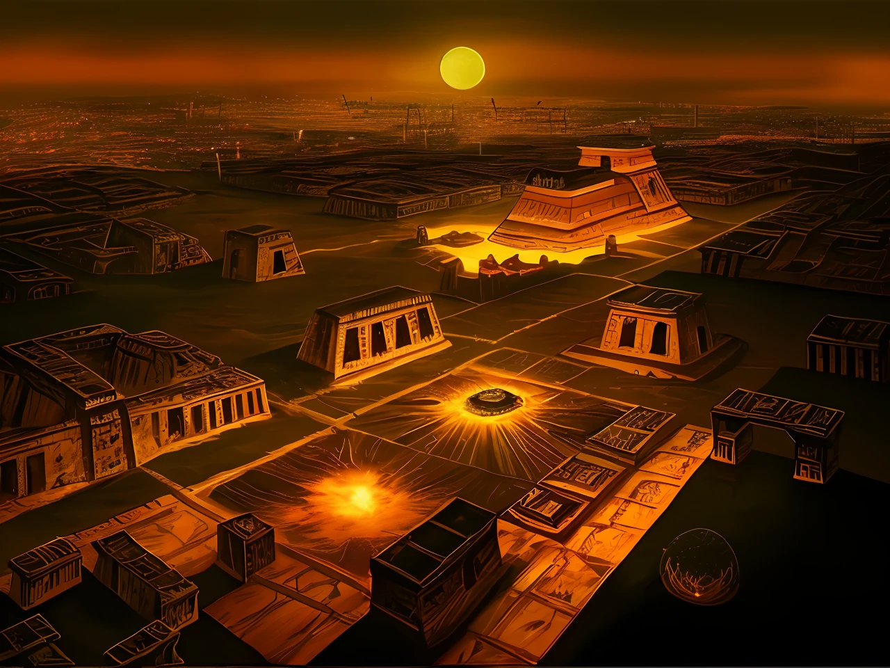 panoramic view, dark lighting, sunset, arafed view of a city with a pyramid and, tenochtitlan, giant aztec space city, ancient city, an aztec city, smoke in the air, ancient city landscape, an ancient city, ancient civilization, ancient megastructure pyramid, in year 3000, in a major mesopotamian city, apocalyptik city